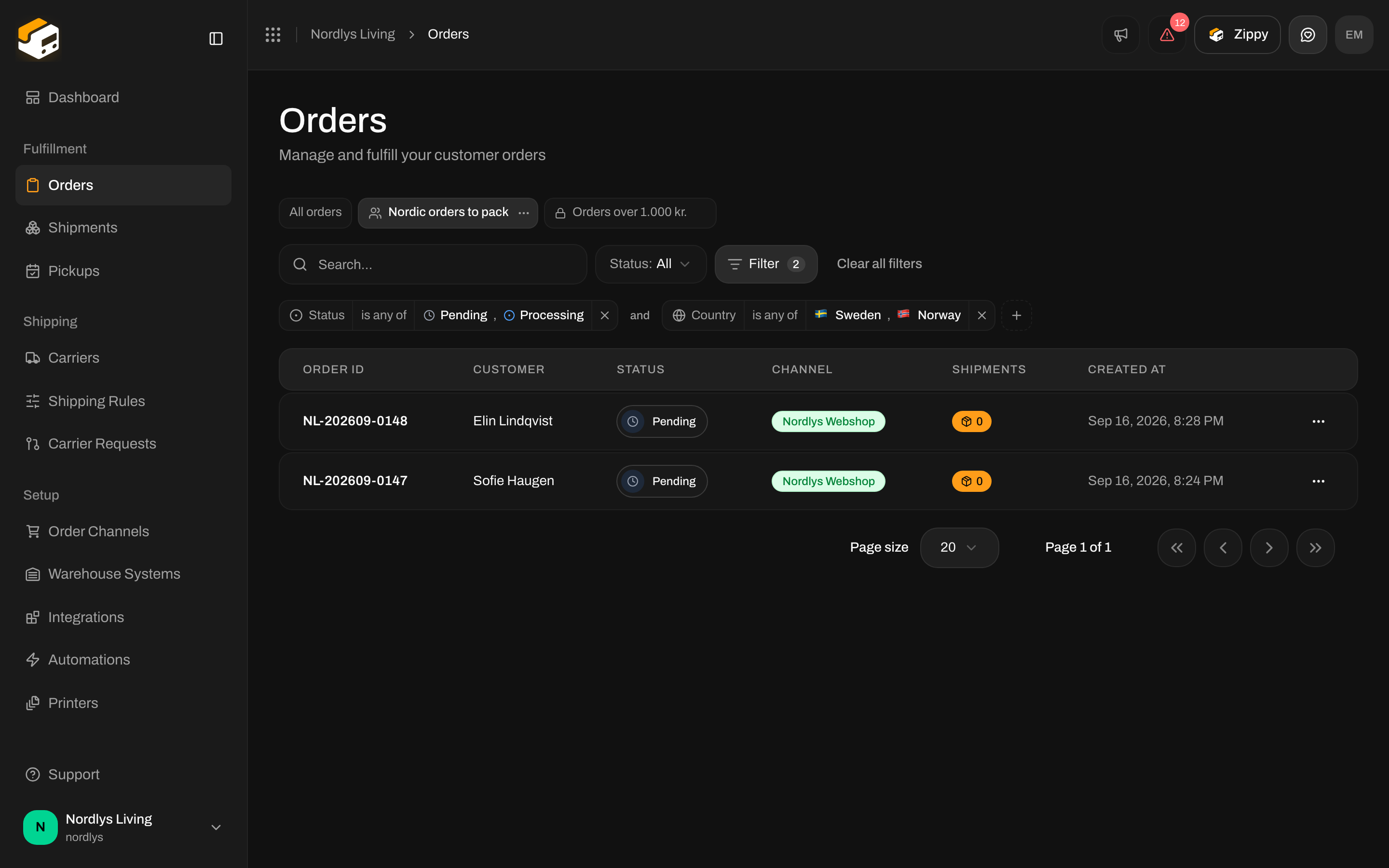 Tabs above the filters: All orders, Nordic orders to pack (active) and a personal view
