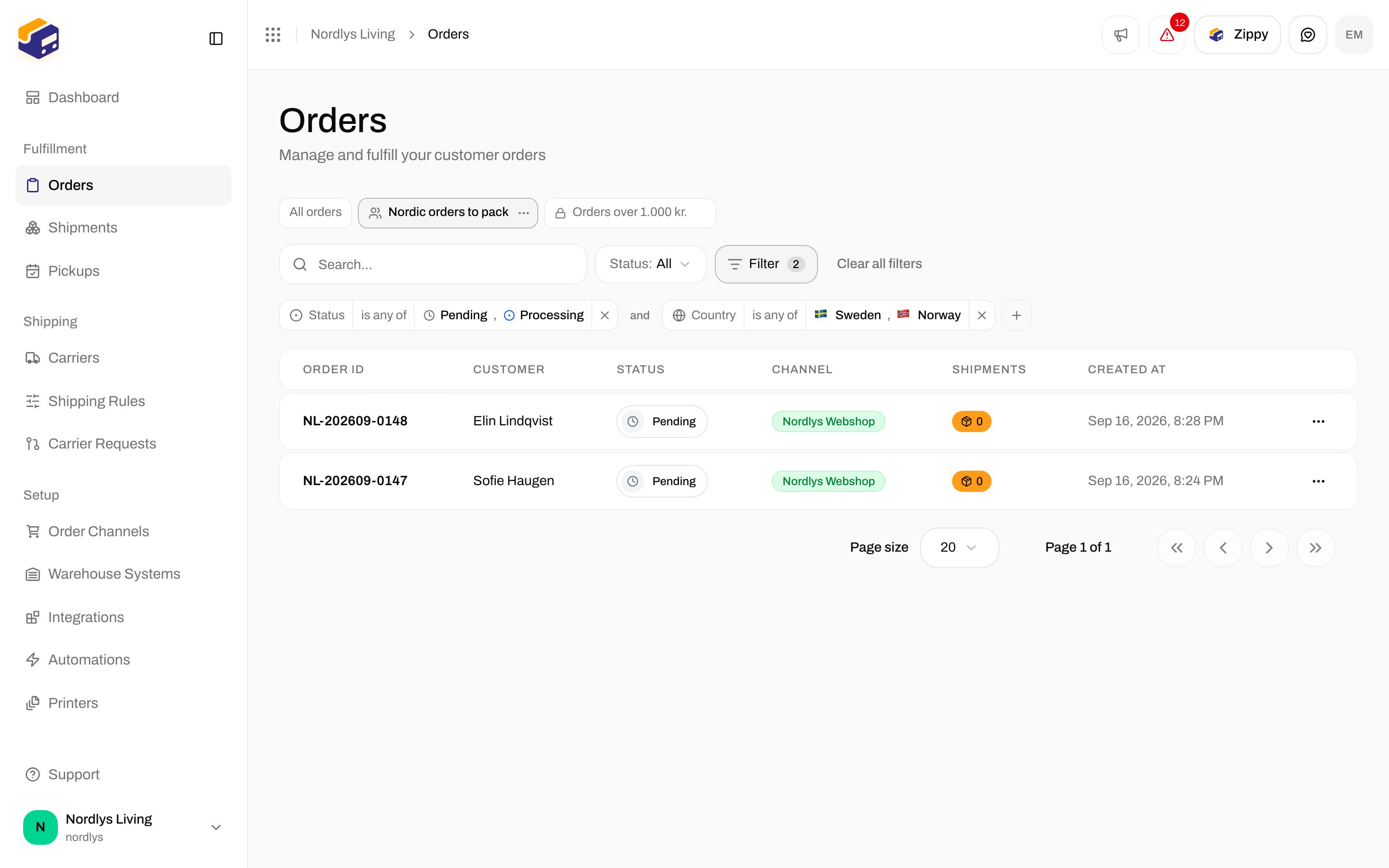 Tabs above the filters: All orders, Nordic orders to pack (active) and a personal view