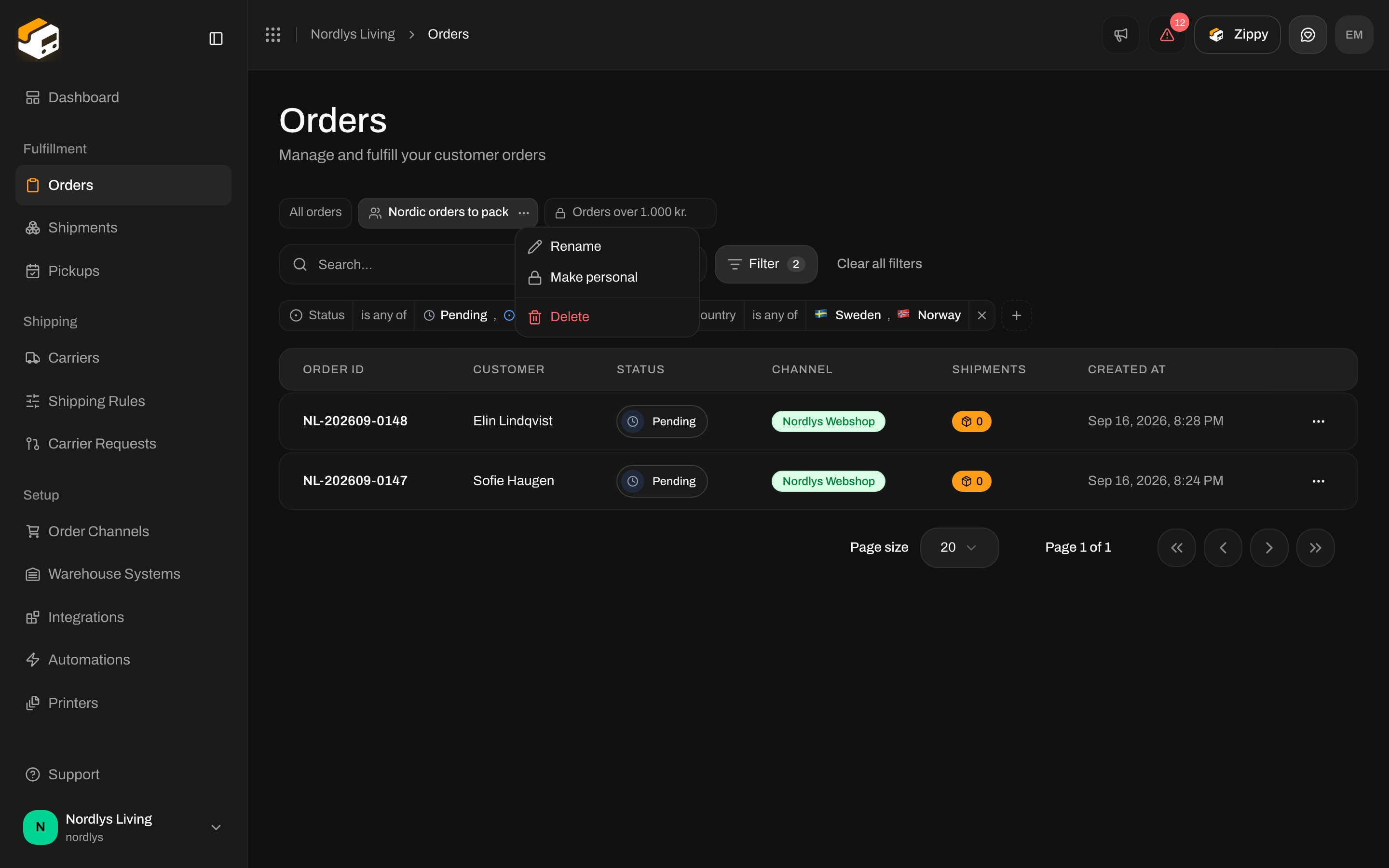 View tab menu with Rename, Share with the organization and Delete