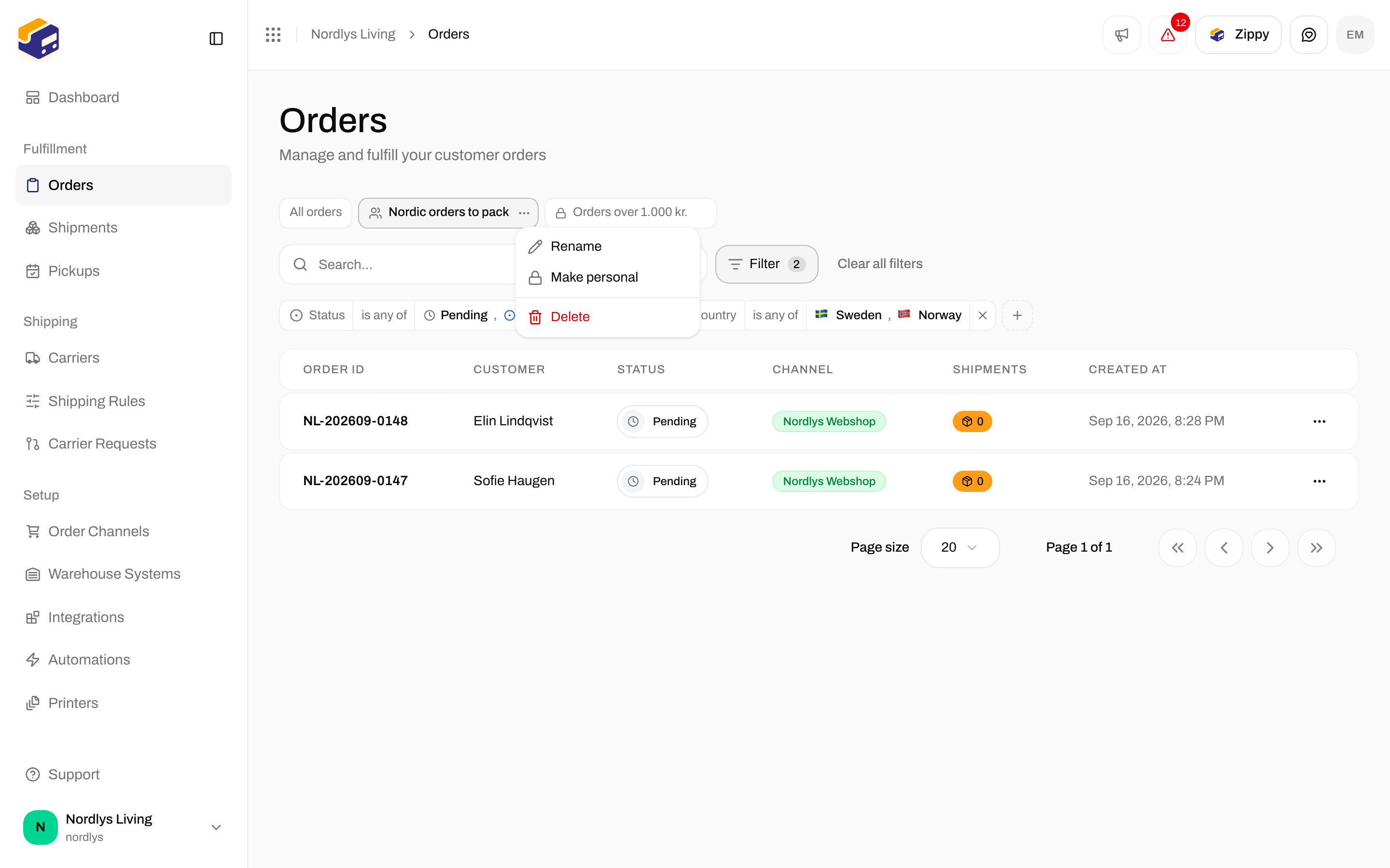 View tab menu with Rename, Share with the organization and Delete