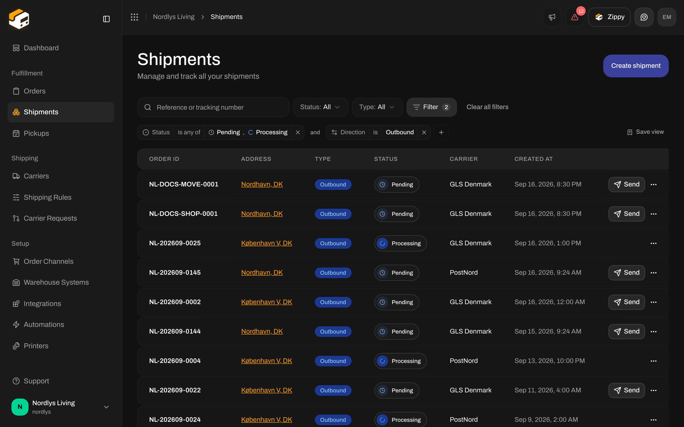 Shipments list with a Status tag and a Direction tag