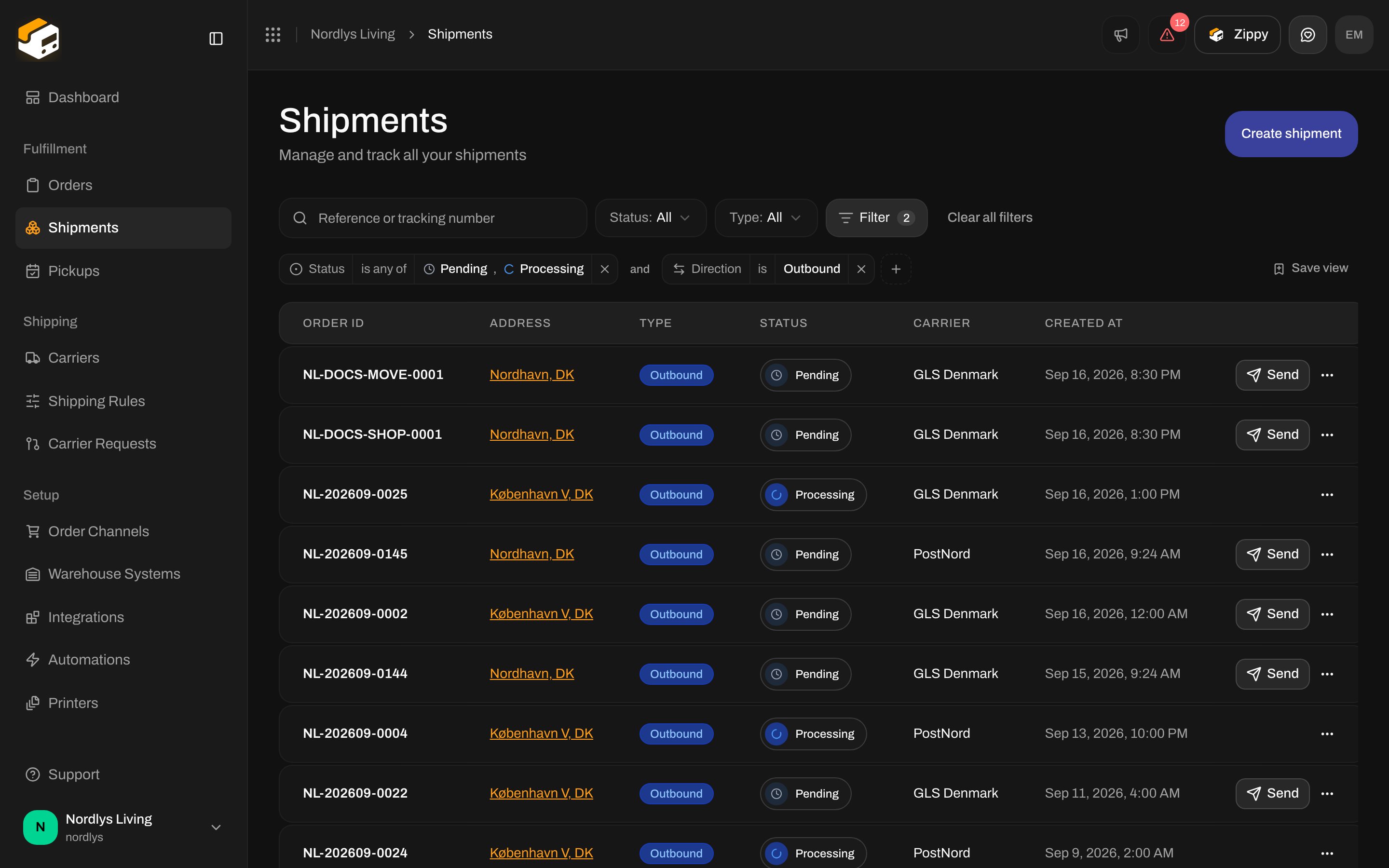 Shipments list with a Status tag and a Direction tag