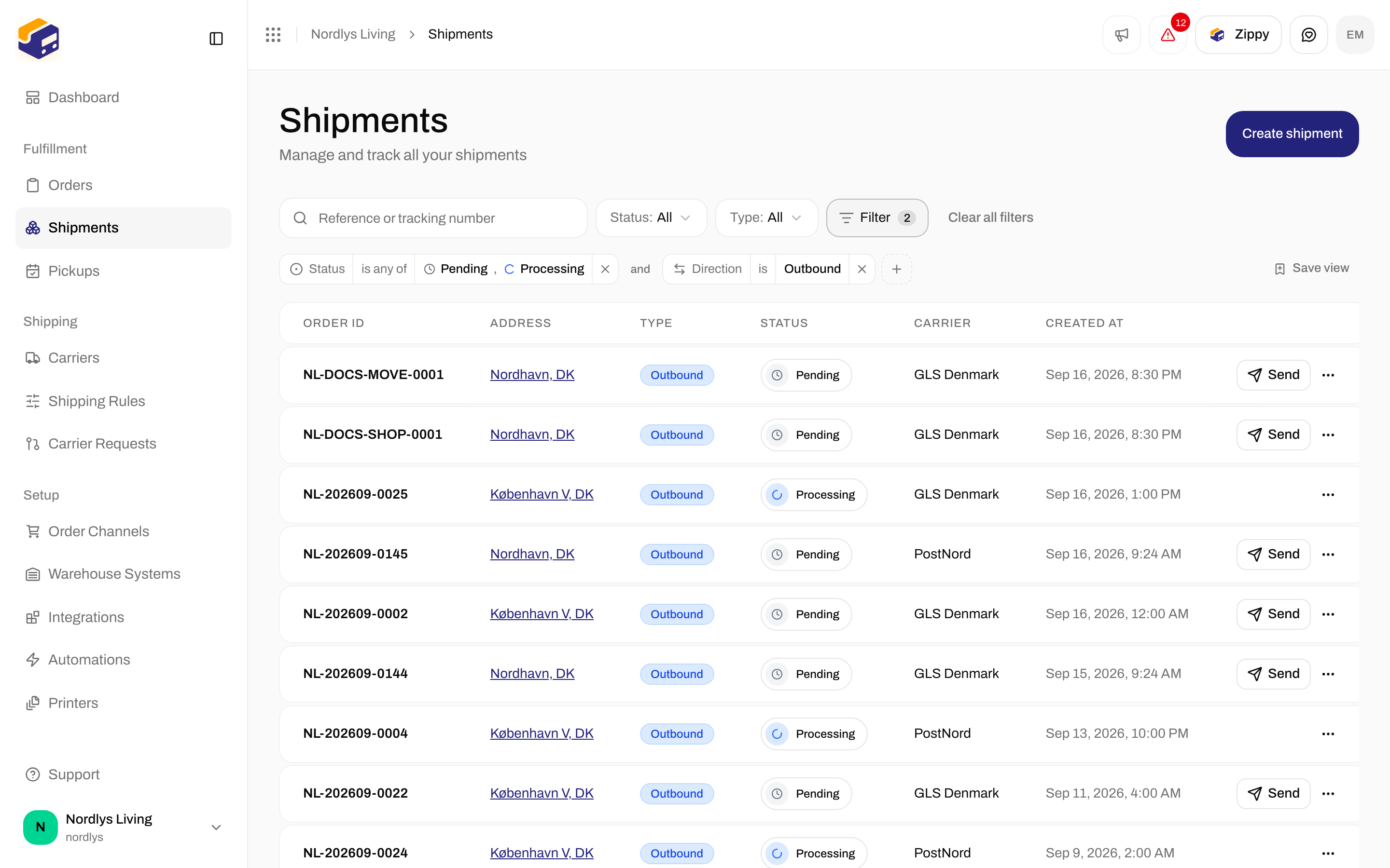 Shipments list with a Status tag and a Direction tag