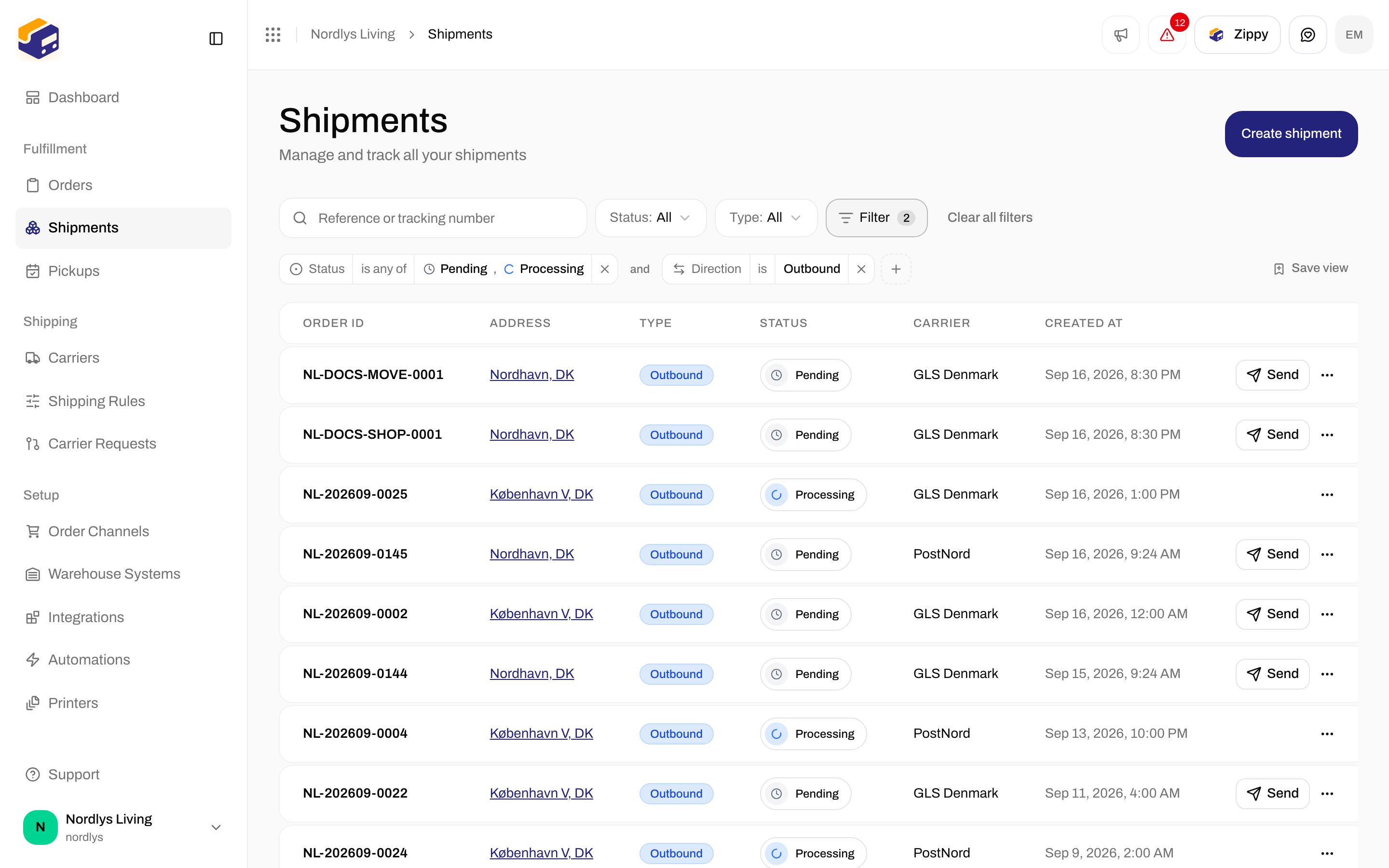 Shipments list with a Status tag and a Direction tag