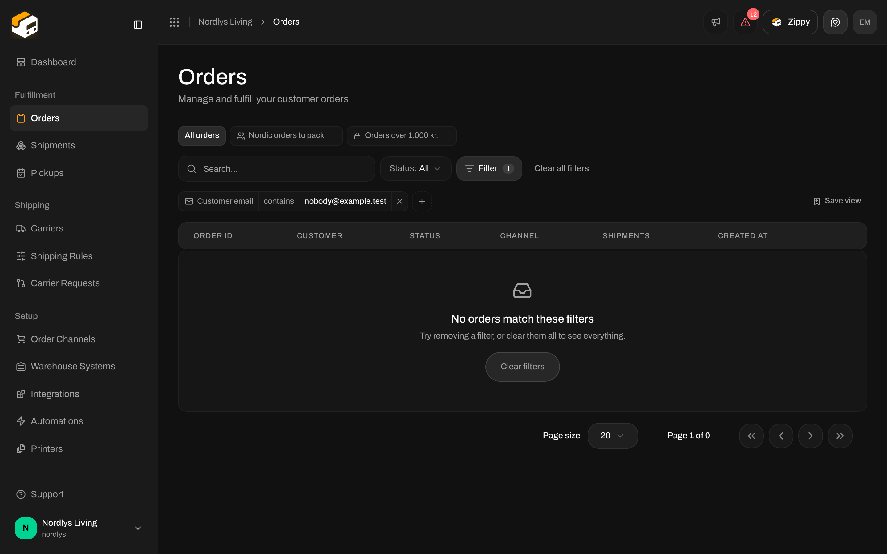 Empty orders table with No orders match these filters and a Clear filters button