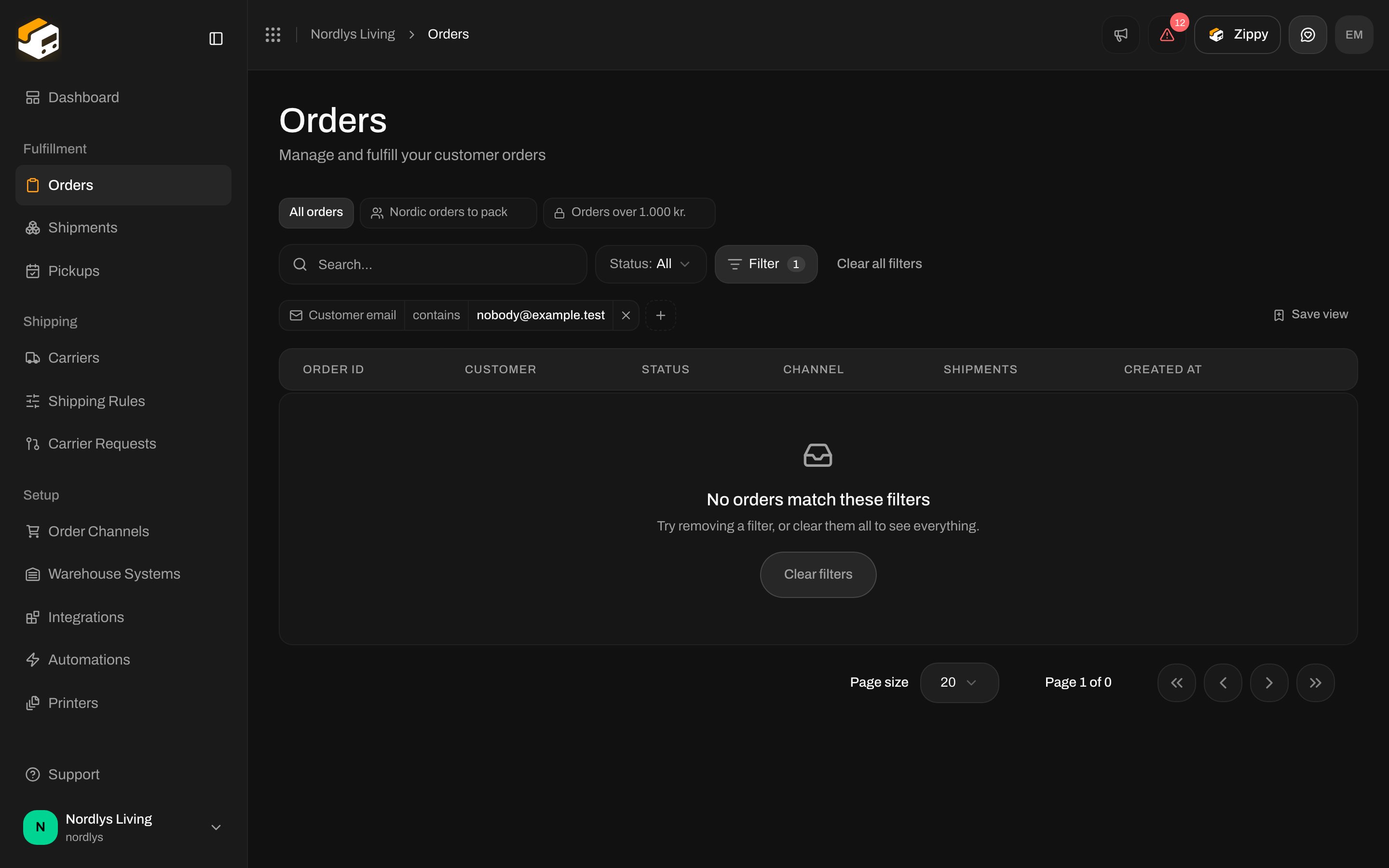 Empty orders table with No orders match these filters and a Clear filters button