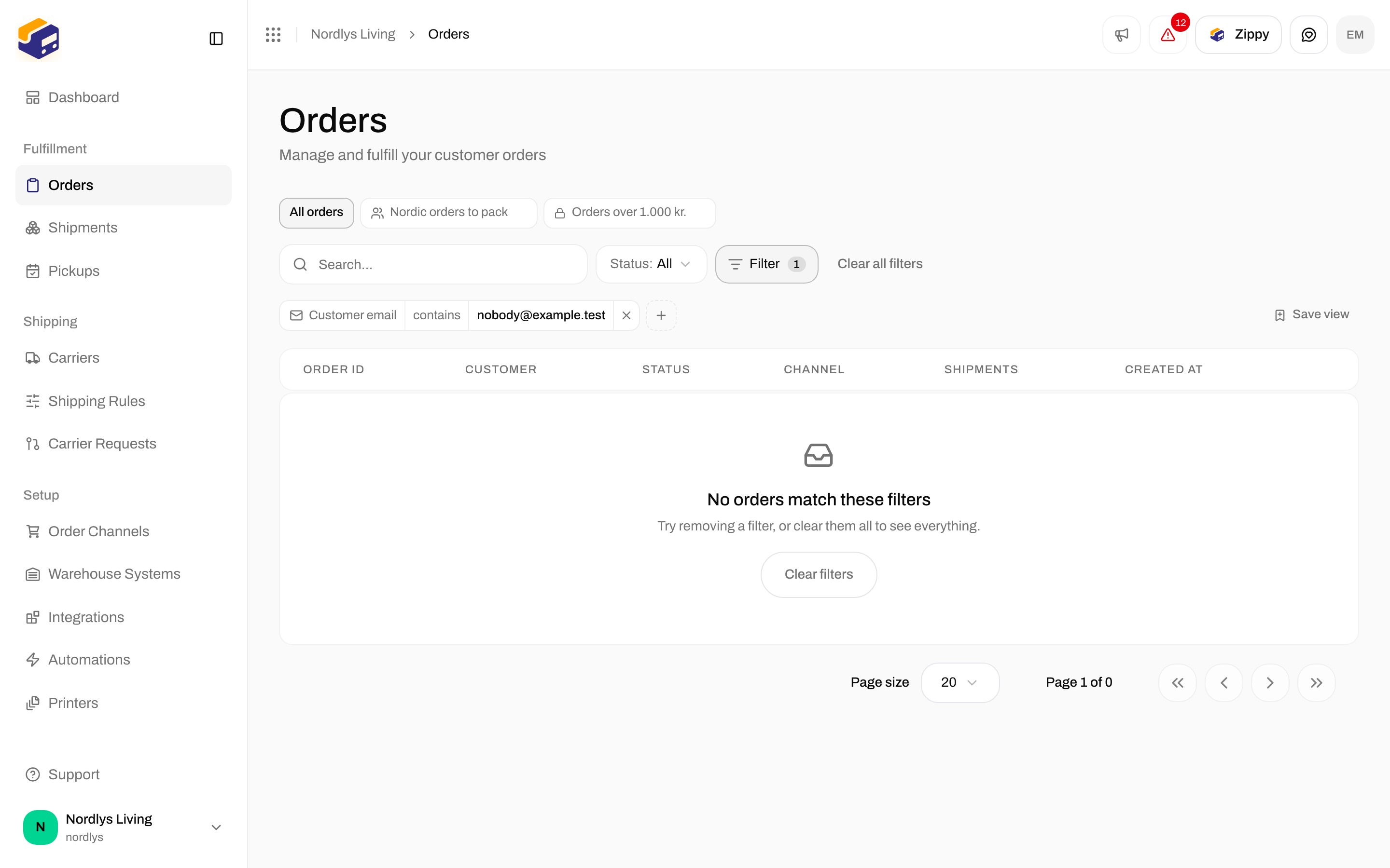 Empty orders table with No orders match these filters and a Clear filters button