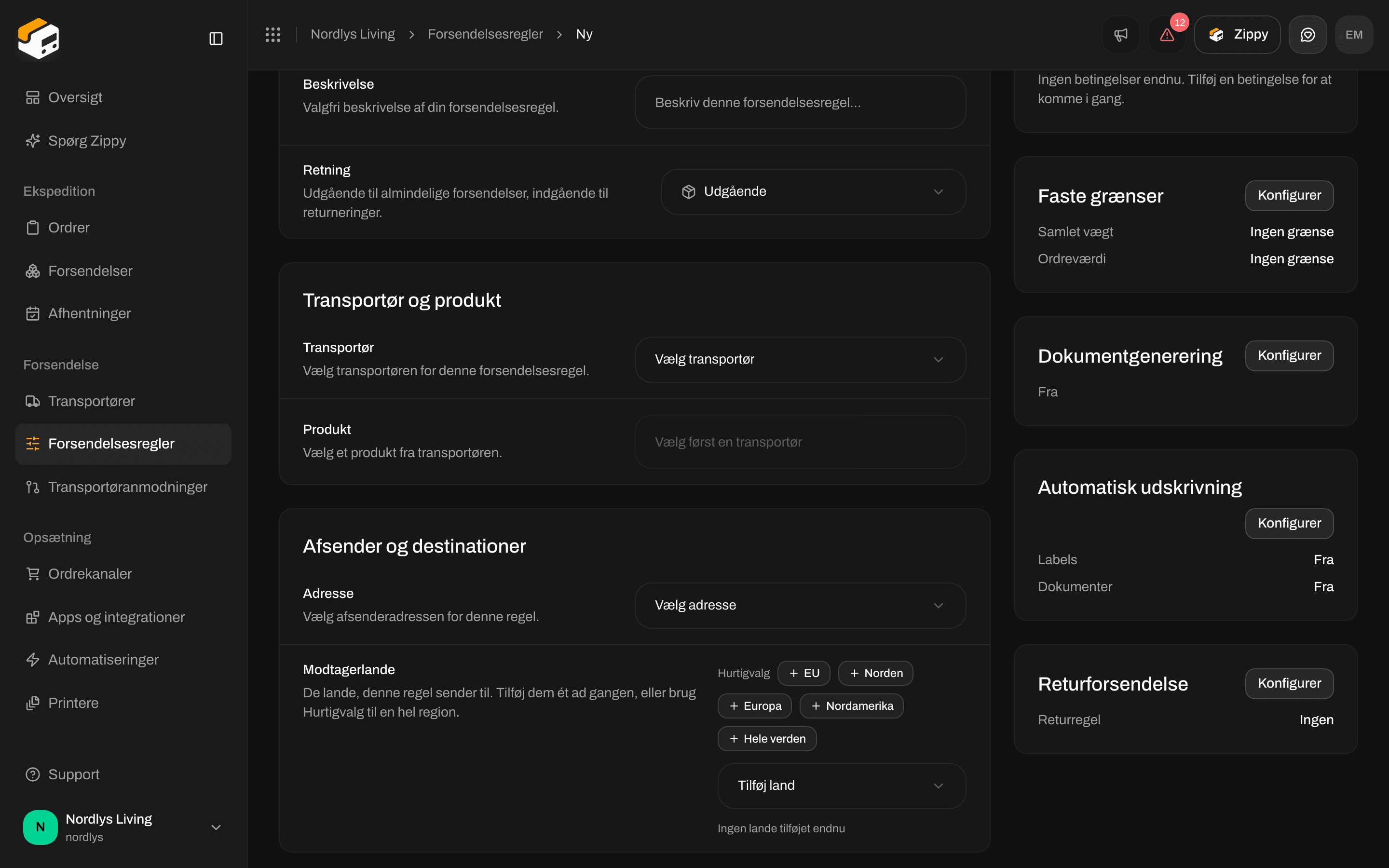 Sektionen Returforsendelse med Returforsendelsesregel sat til Ingen