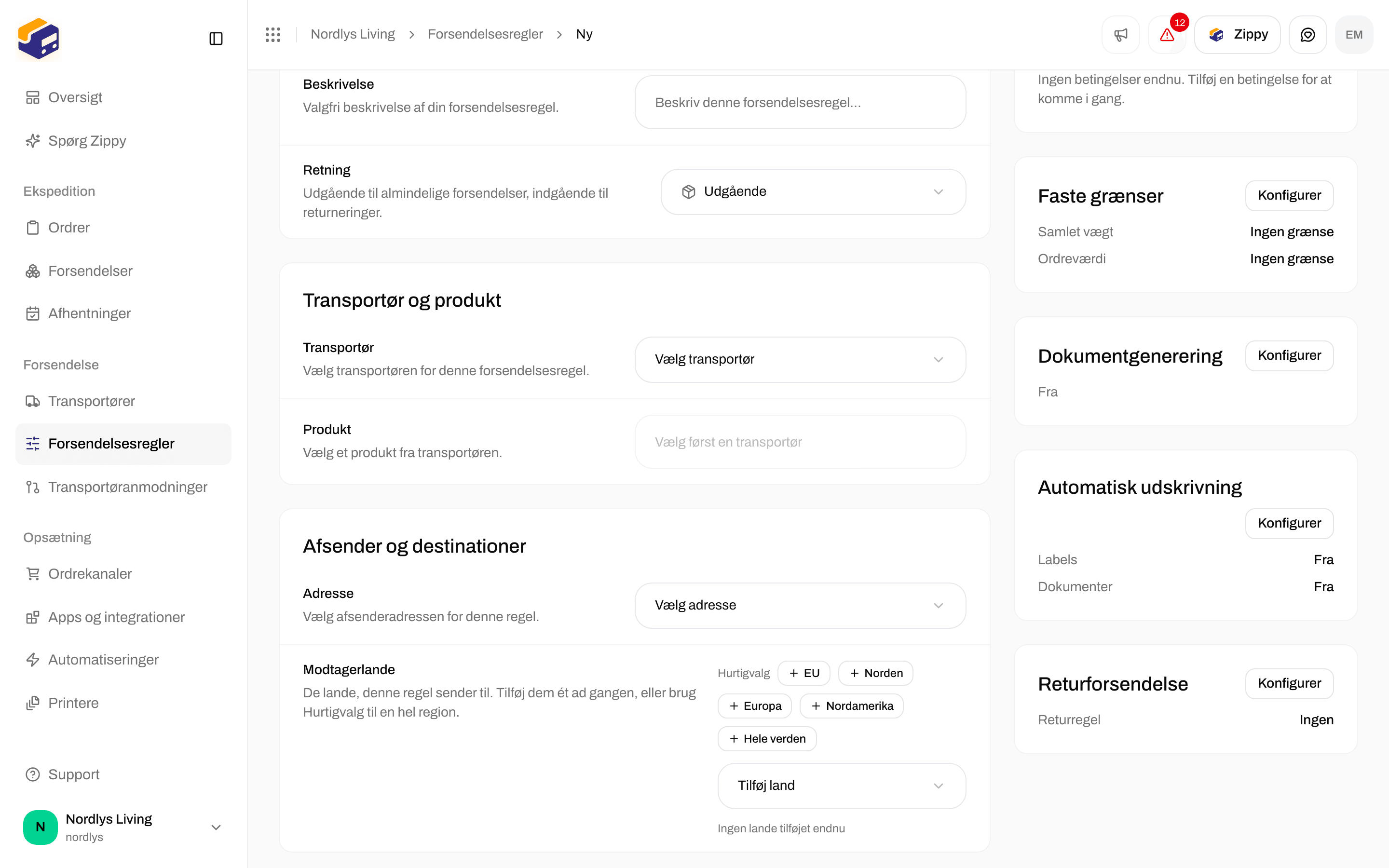 Sektionen Returforsendelse med Returforsendelsesregel sat til Ingen