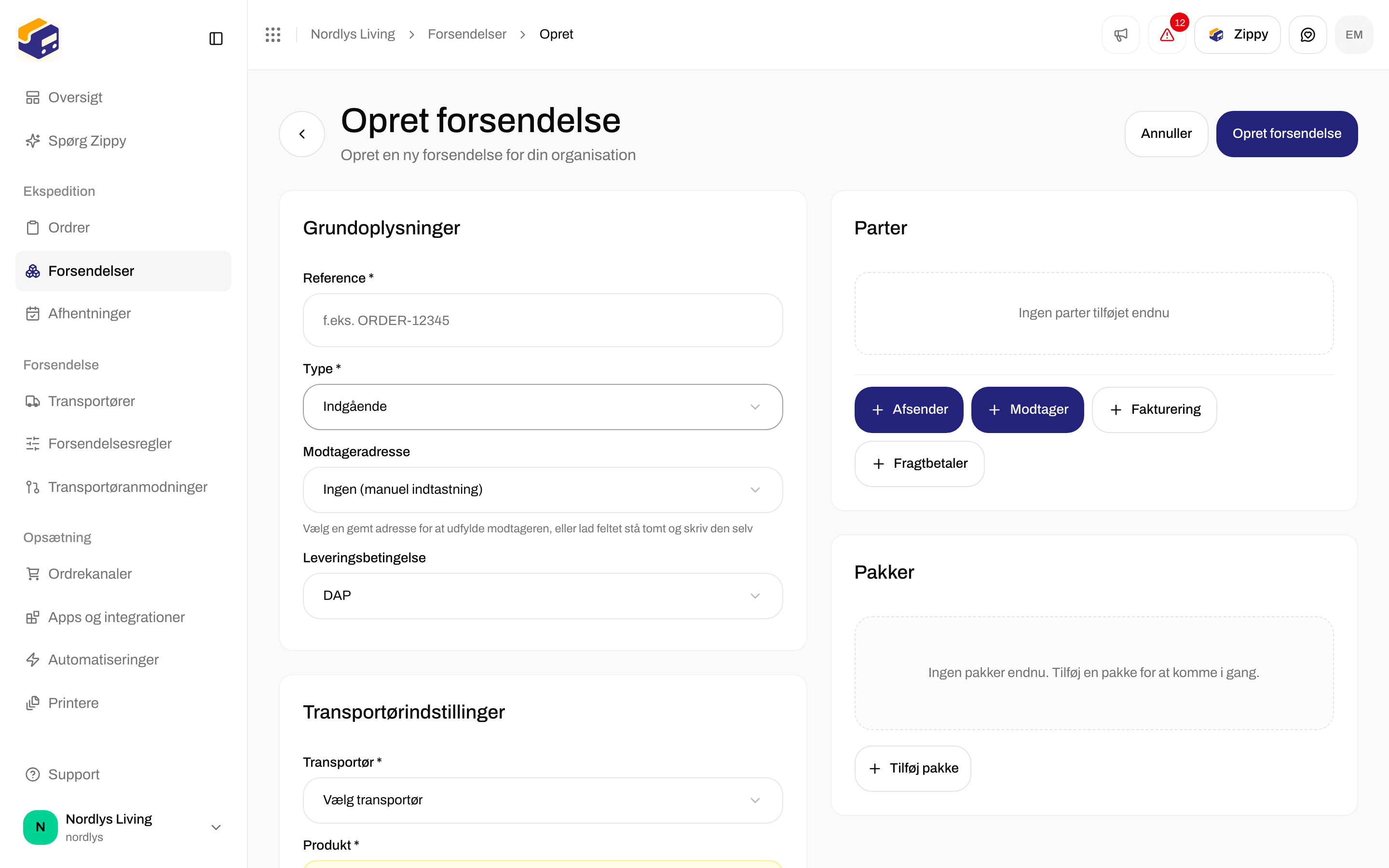 Formularen Opret forsendelse med Type Indgående og Modtageradresse