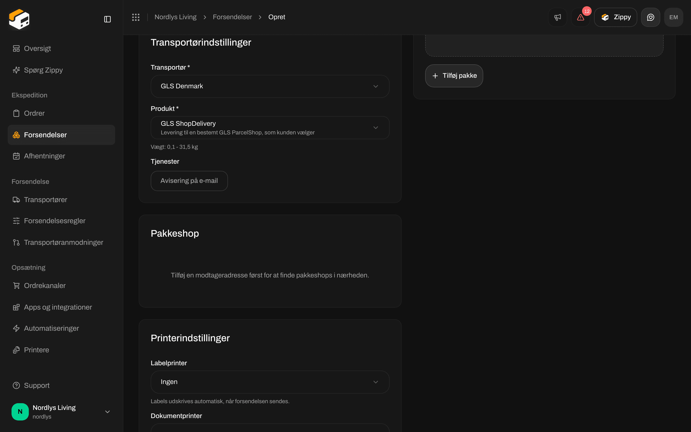 Opret forsendelse med GLS ShopDelivery valgt og kortet Pakkeshop, der beder om en modtageradresse først