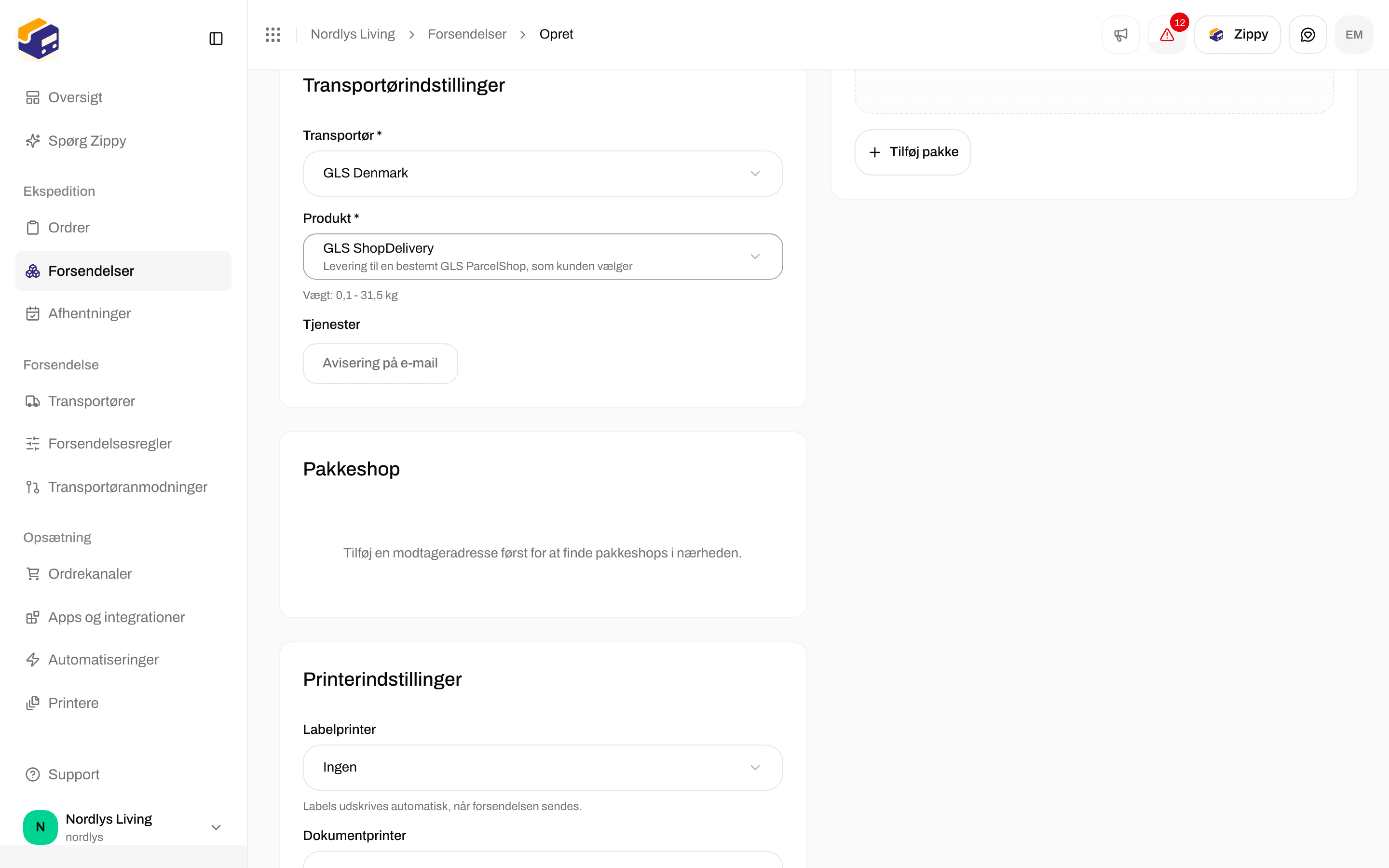 Opret forsendelse med GLS ShopDelivery valgt og kortet Pakkeshop, der beder om en modtageradresse først
