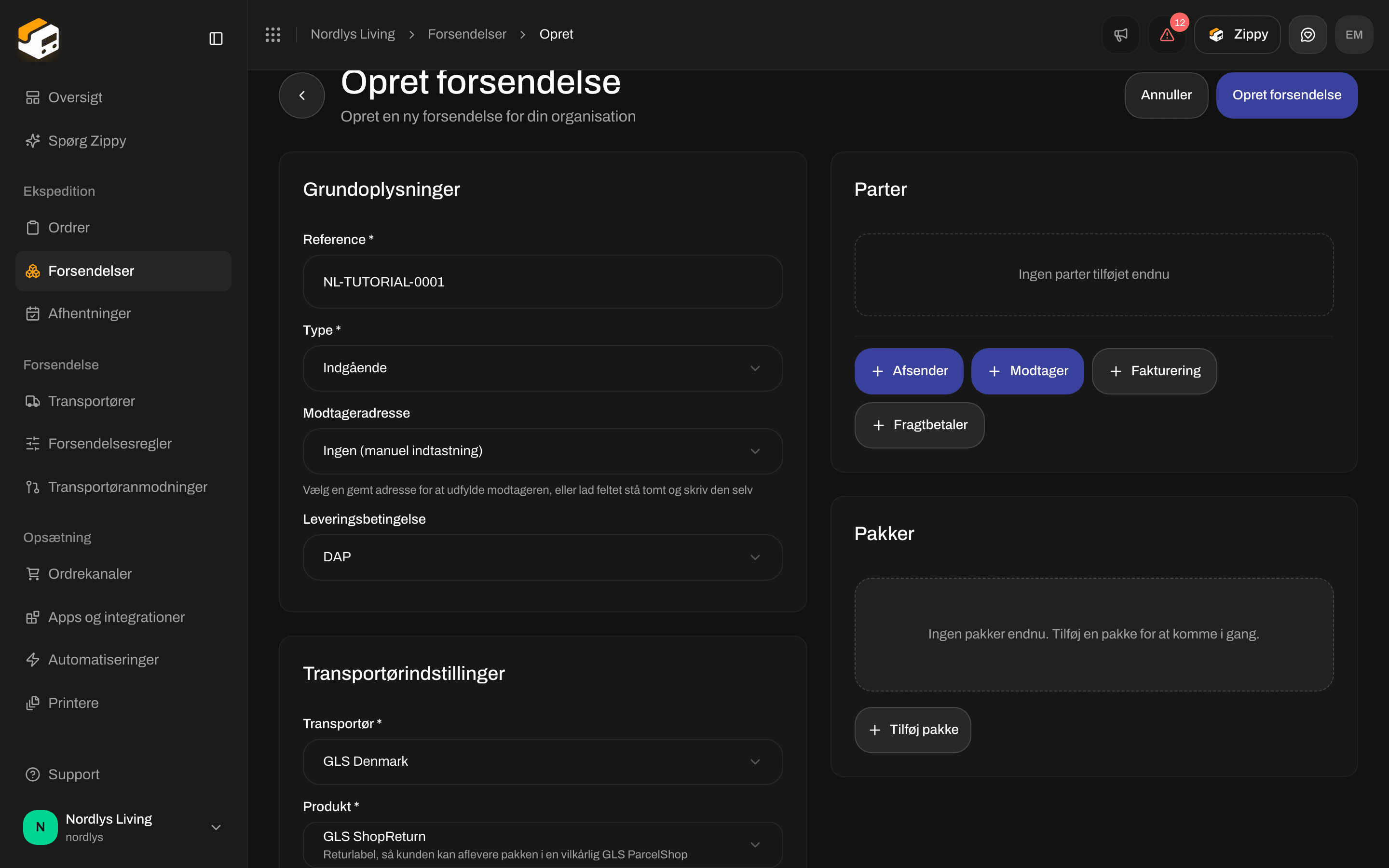 Opret forsendelse med Type Indgående og GLS ShopReturn valgt, med Transportørindstillinger og uden kortet Pakkeshop