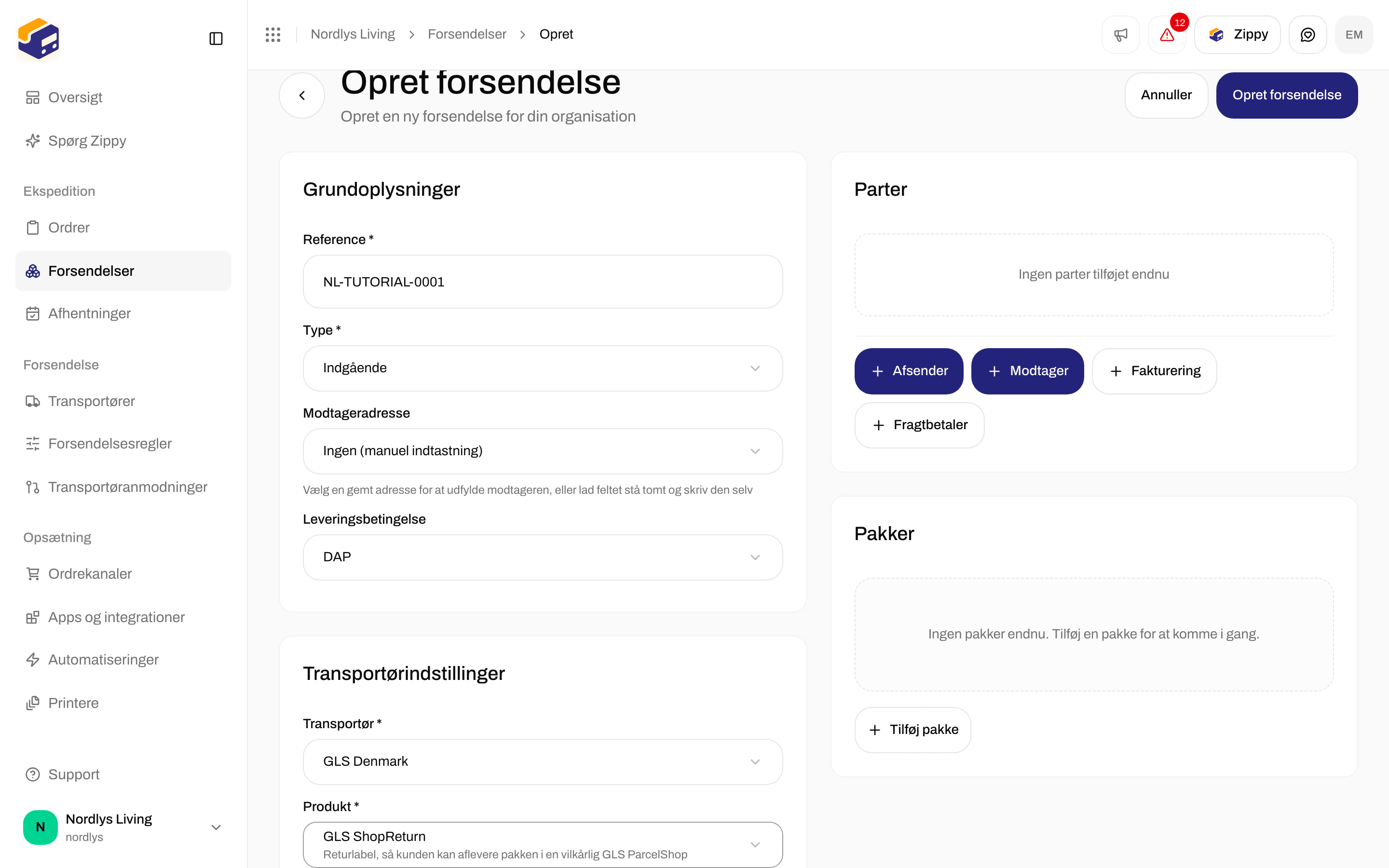Opret forsendelse med Type Indgående og GLS ShopReturn valgt, med Transportørindstillinger og uden kortet Pakkeshop