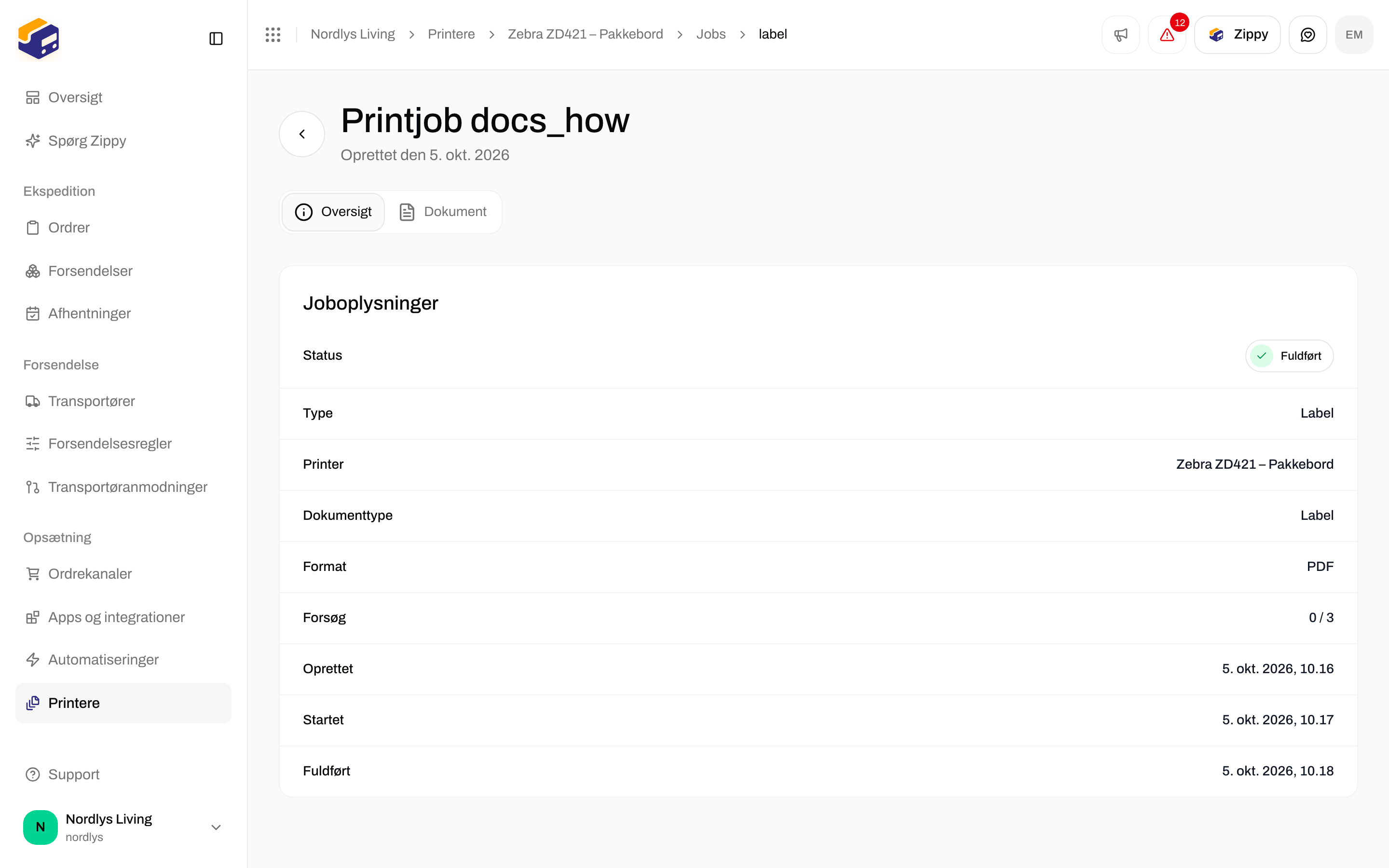 Printjobbets side, Overblik, med Joboplysninger: status, type, printer og format