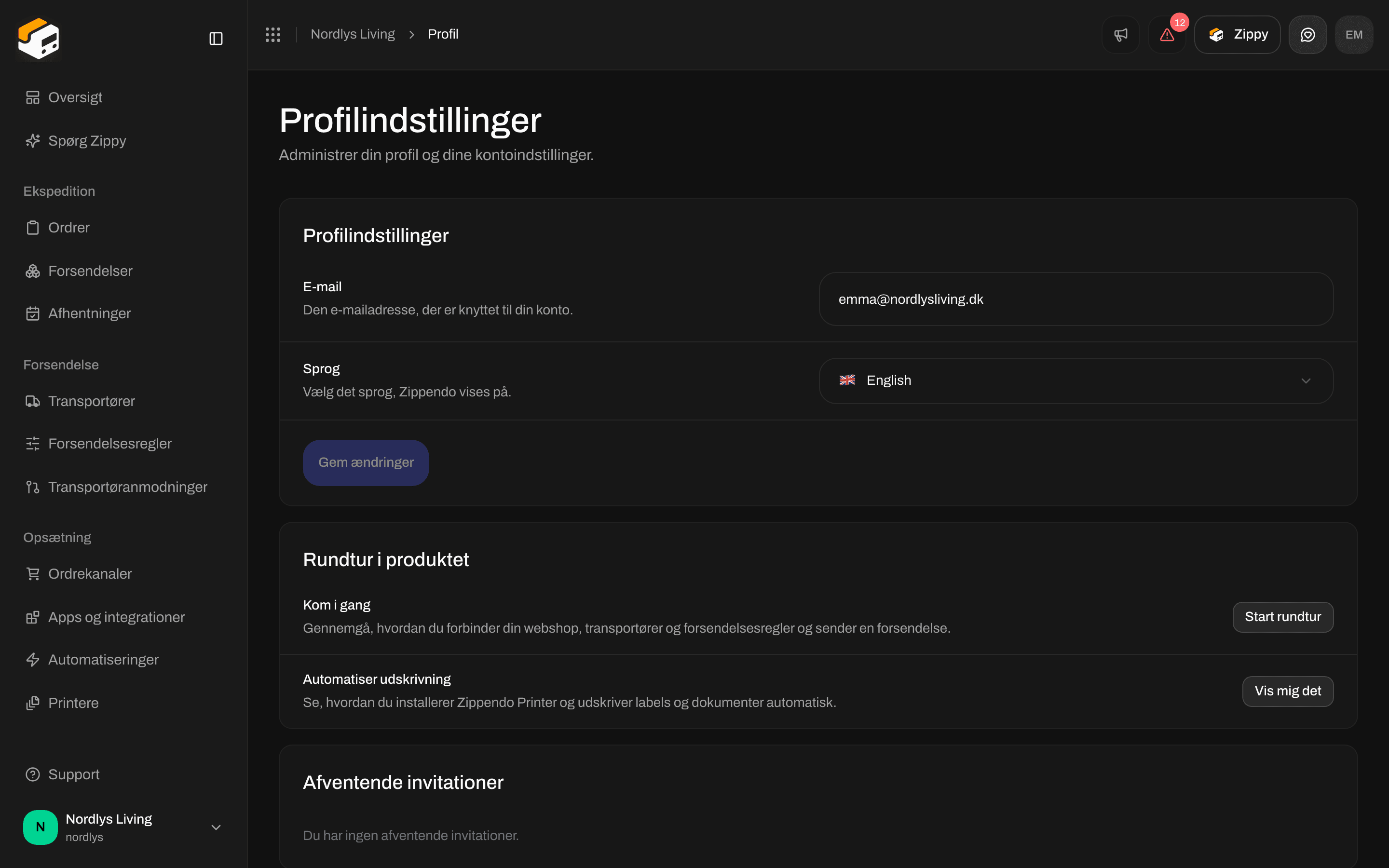 Profilindstillinger med E-mail, Sprog og Gem ændringer