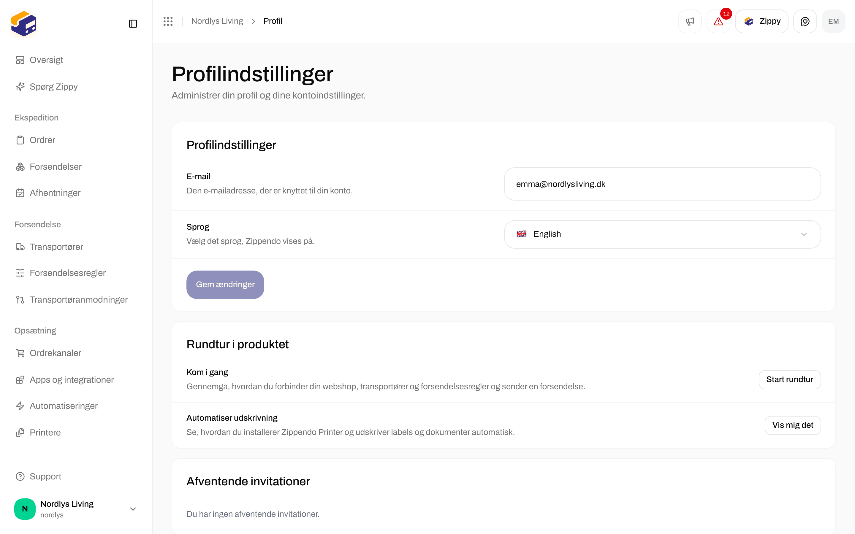 Profilindstillinger med E-mail, Sprog og Gem ændringer