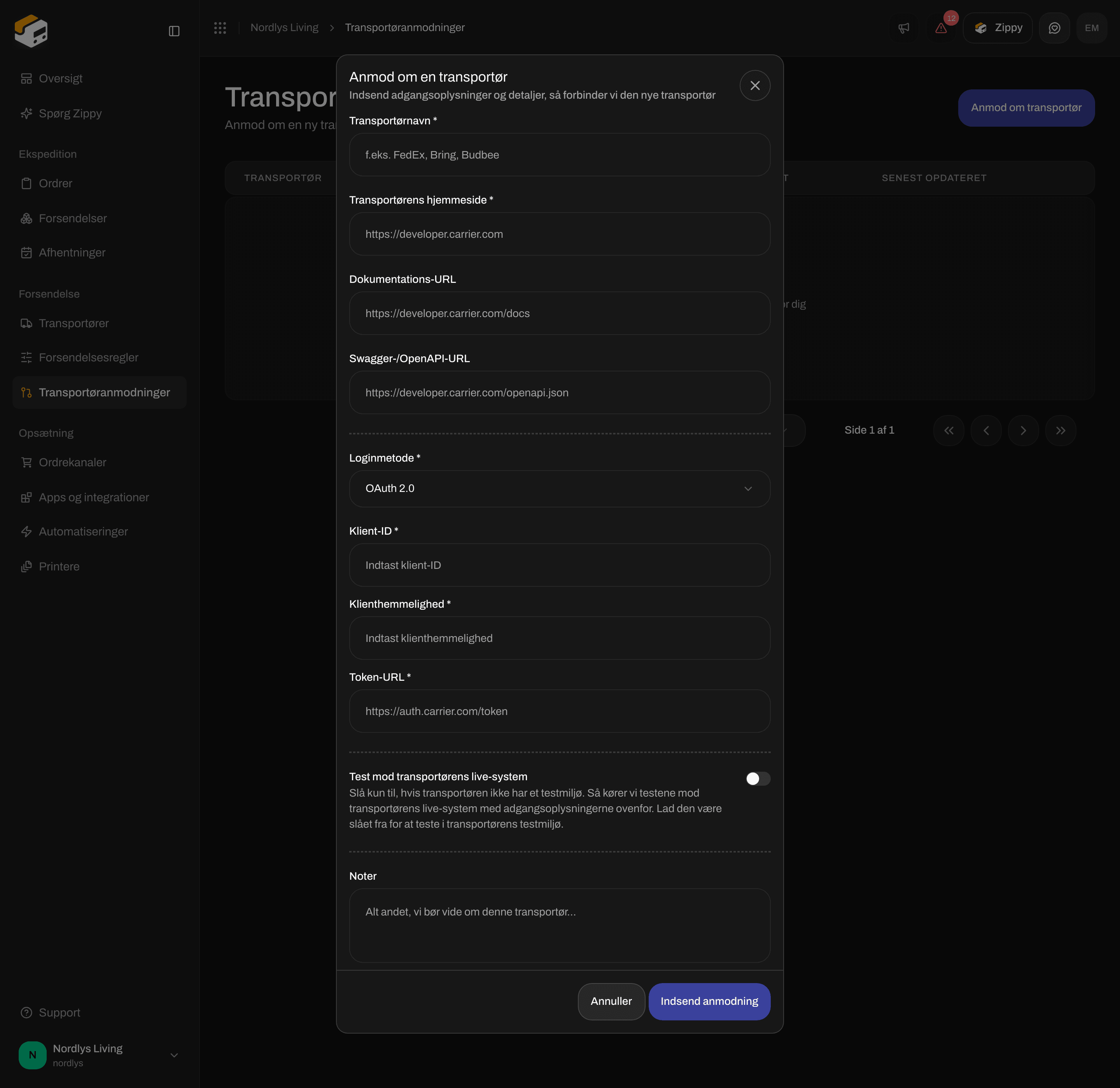 Vinduet Anmod om en transportør med Loginmetode OAuth 2.0 og felterne Klient-ID, Klienthemmelighed og Token-URL