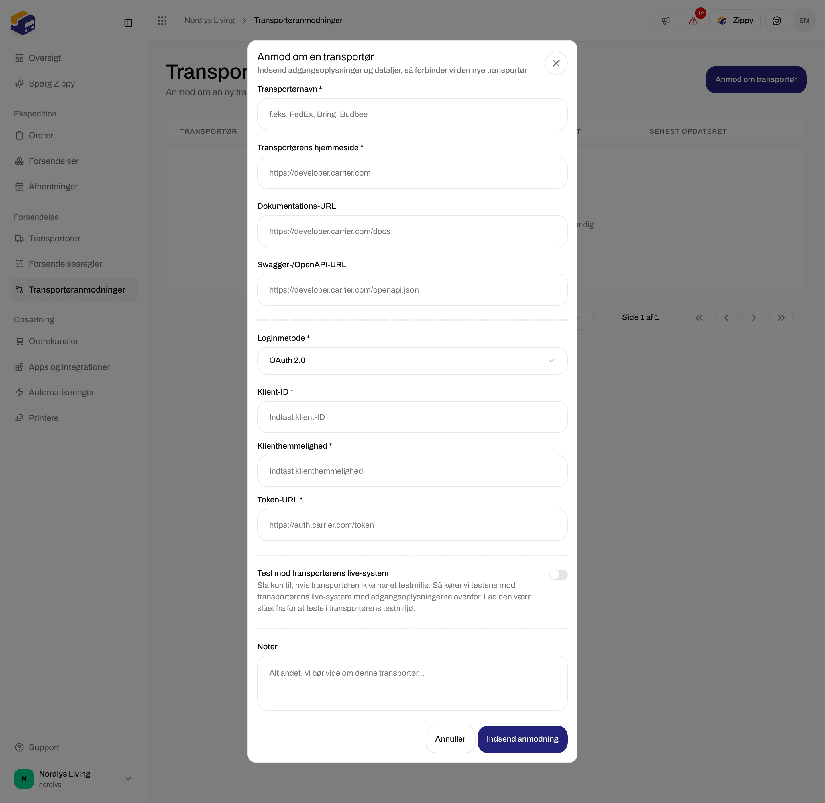 Vinduet Anmod om en transportør med Loginmetode OAuth 2.0 og felterne Klient-ID, Klienthemmelighed og Token-URL