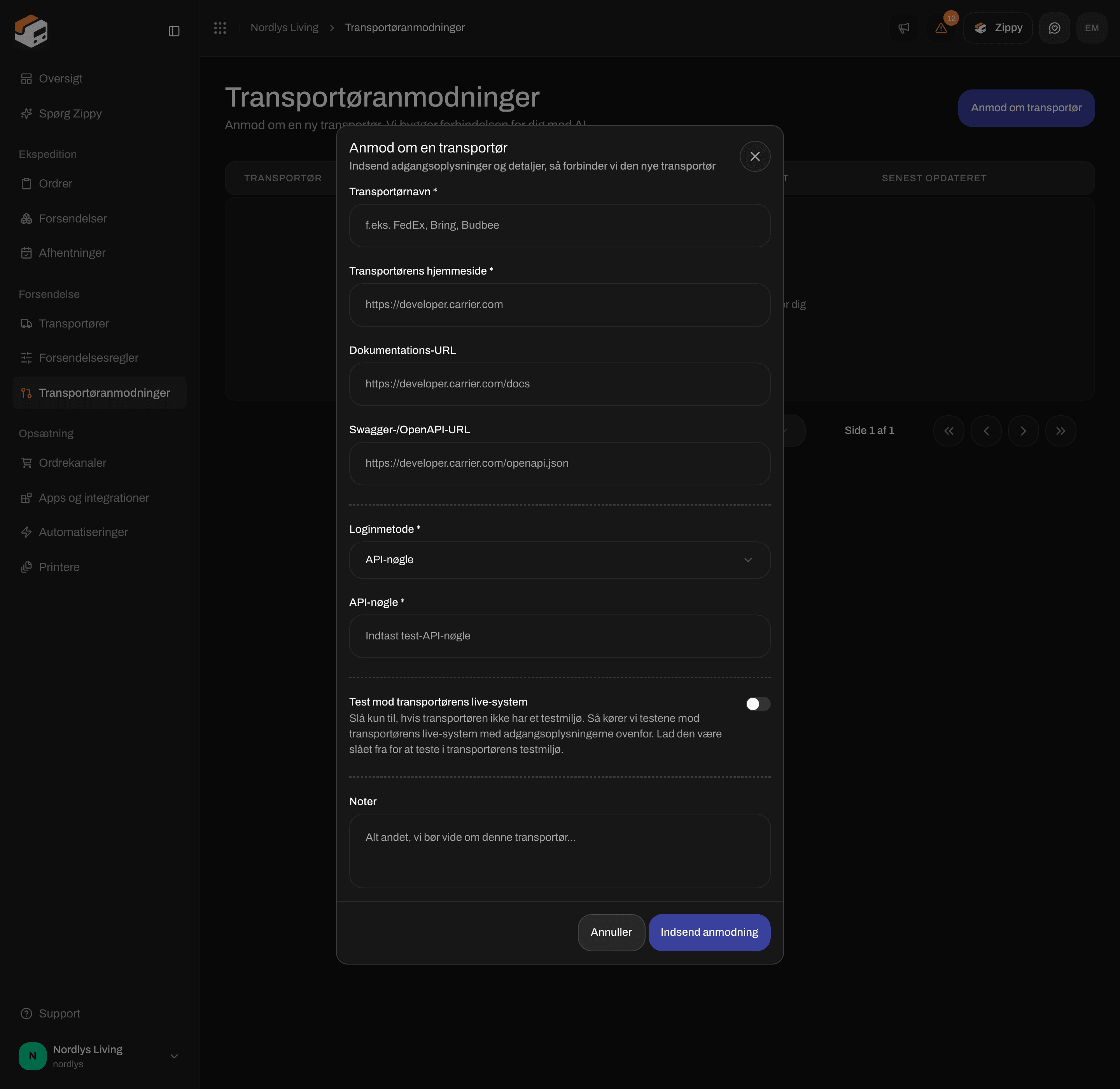 Vinduet Anmod om en transportør scrollet til kontakten Test mod transportørens live-system og Noter