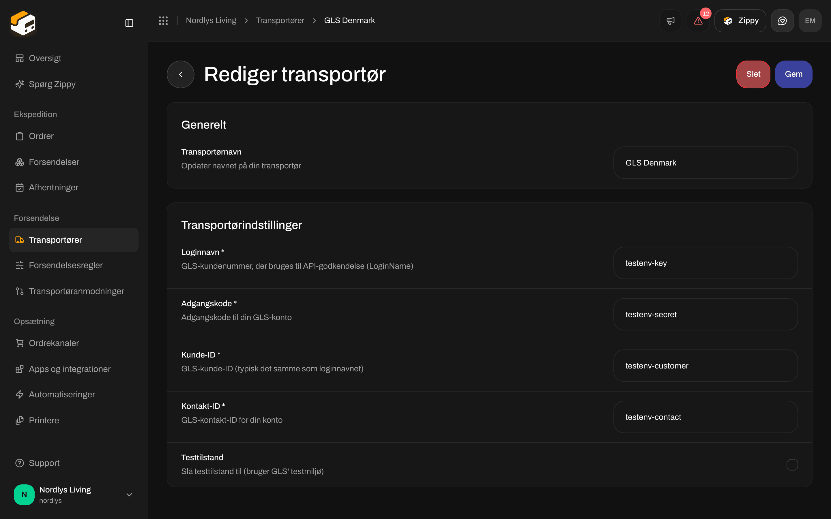 Rediger transportør for GLS Denmark med afkrydsningsfeltet Testtilstand under Transportørindstillinger
