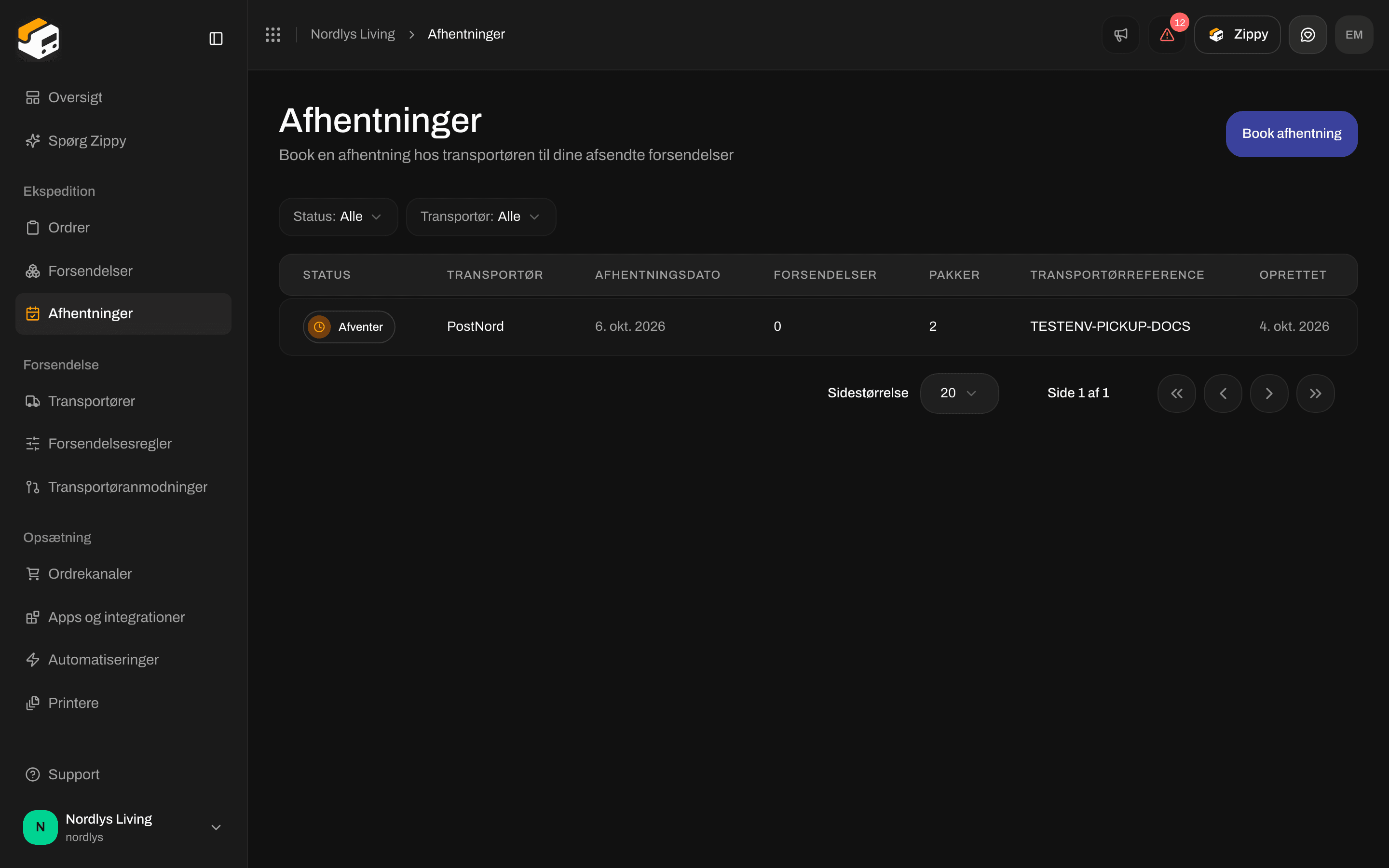 Listen Afhentninger med en booket PostNord-afhentning