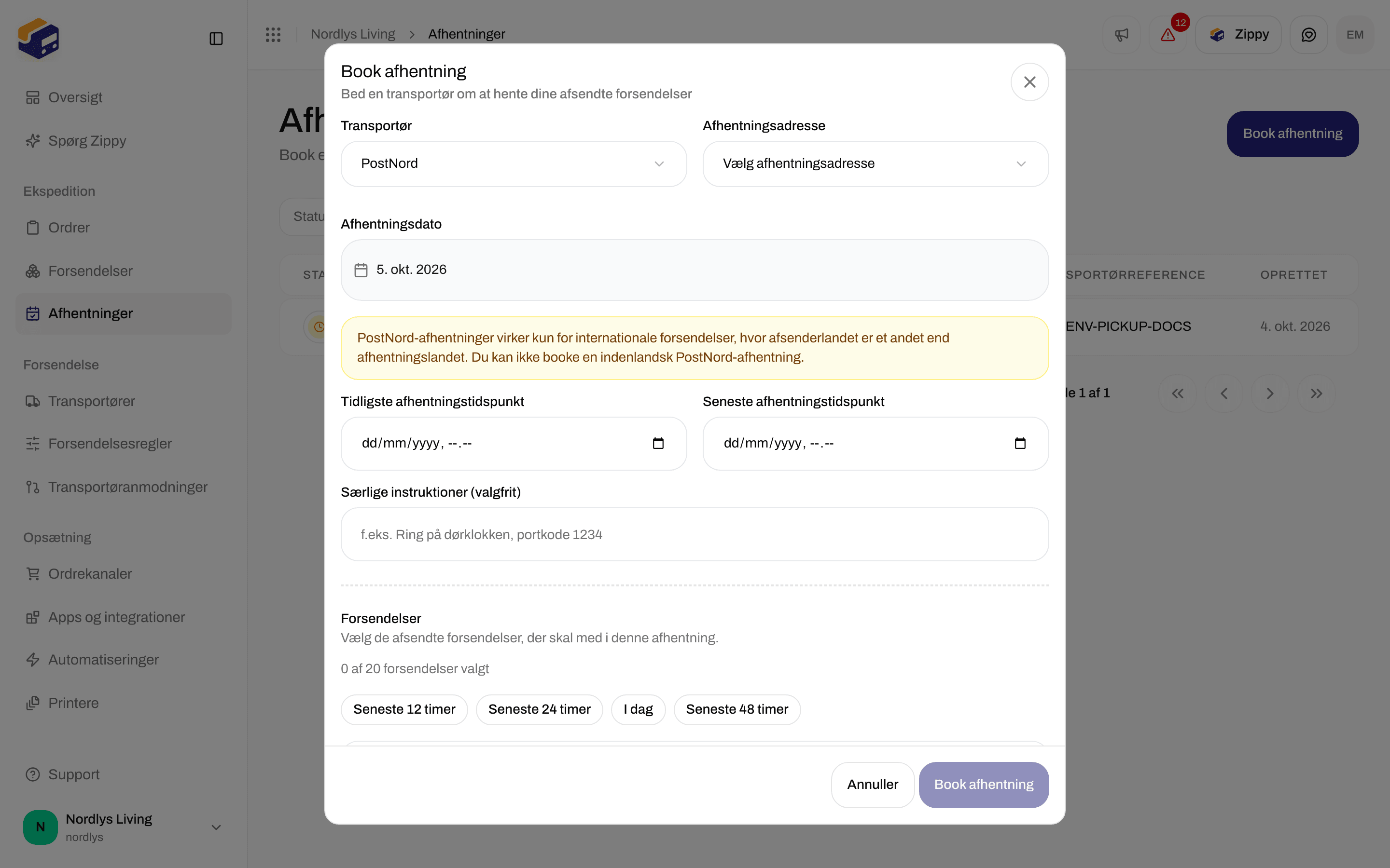 Book afhentning med PostNord-noten og felterne Tidligste afhentningstidspunkt og Seneste afhentningstidspunkt