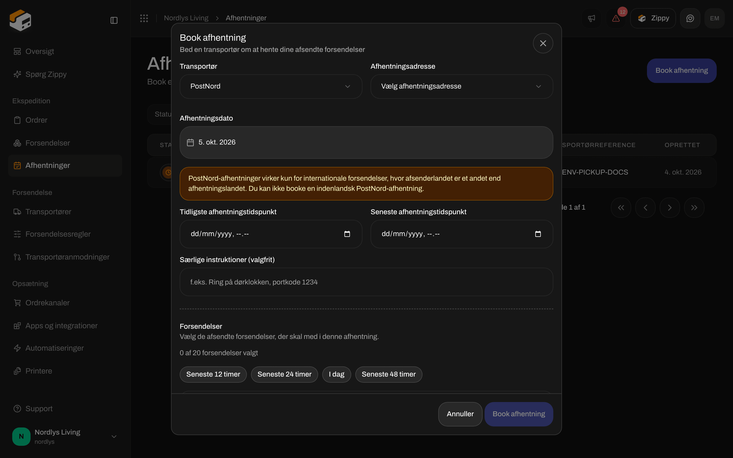 Forsendelseslisten under Book afhentning med knapperne Seneste 12 timer og afsendte forsendelser