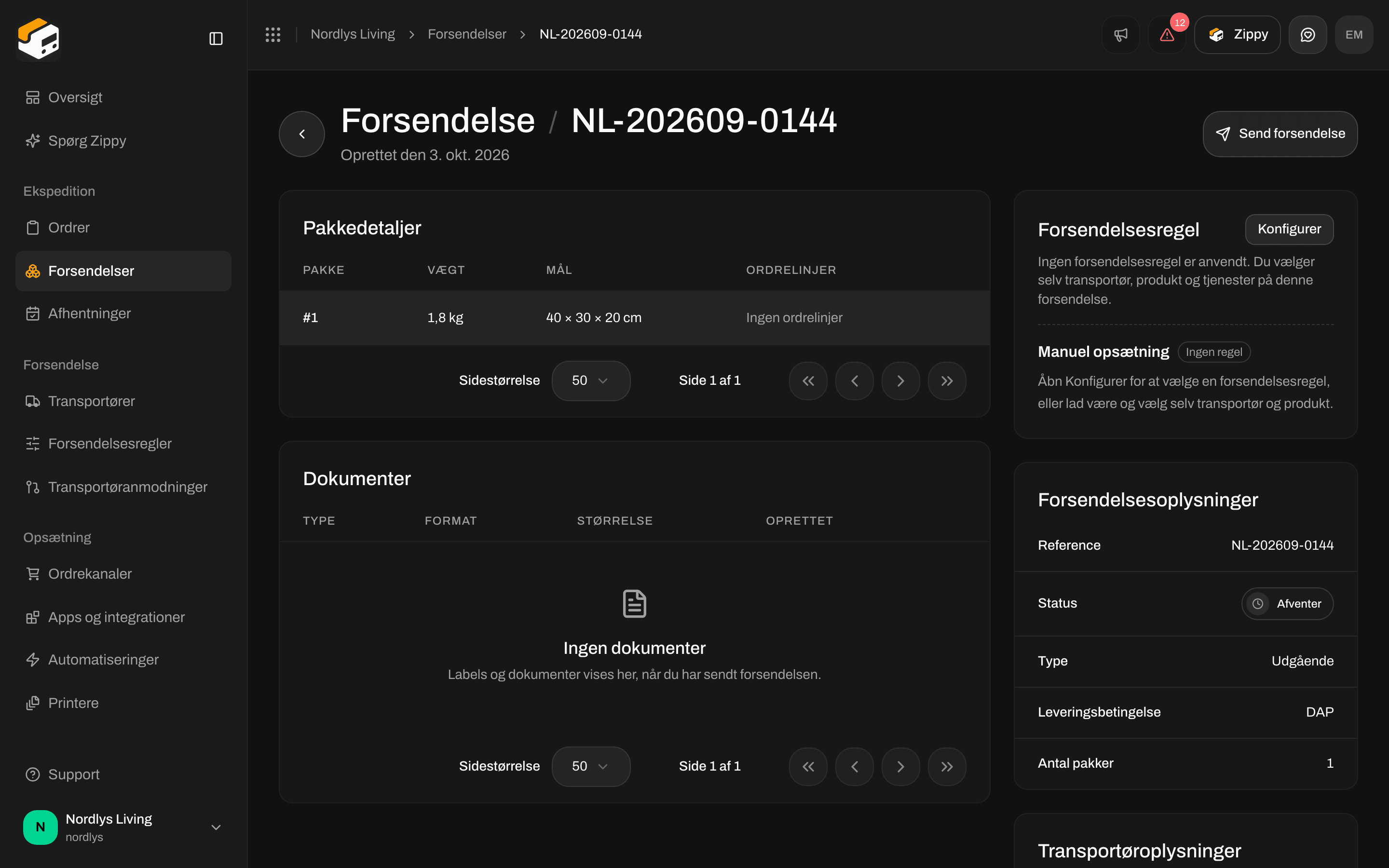 Afventende forsendelse med Send forsendelse øverst på siden
