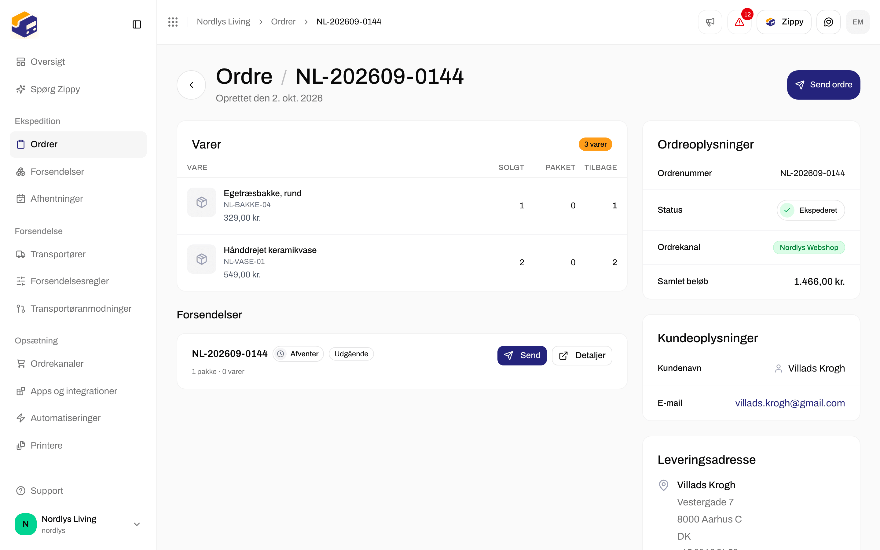 Ordrens fane Forsendelser med Send ordre øverst og et kort for en afventende forsendelse