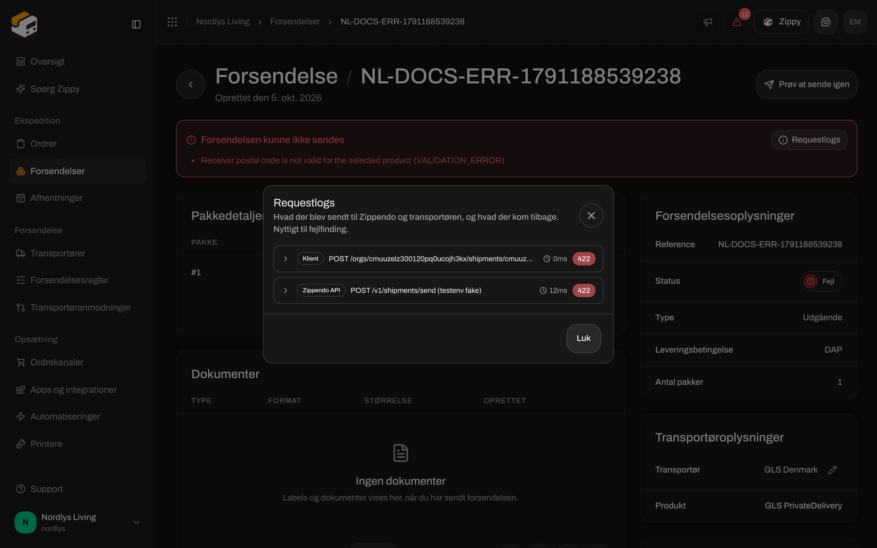 Requestlogvindue med request- og responsedata til fejlfinding