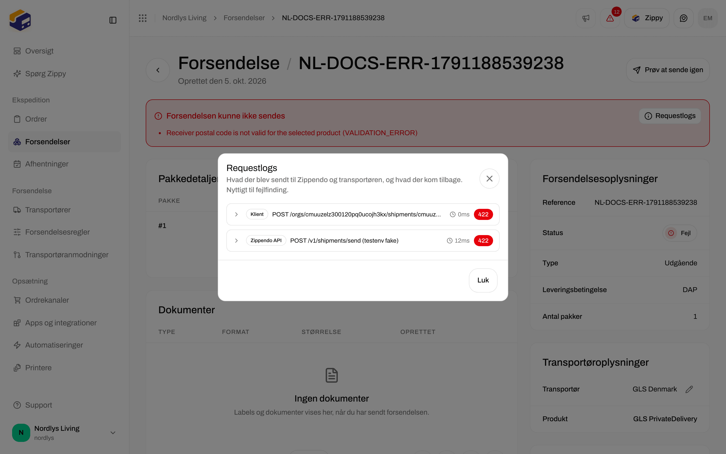 Requestlogvindue med request- og responsedata til fejlfinding