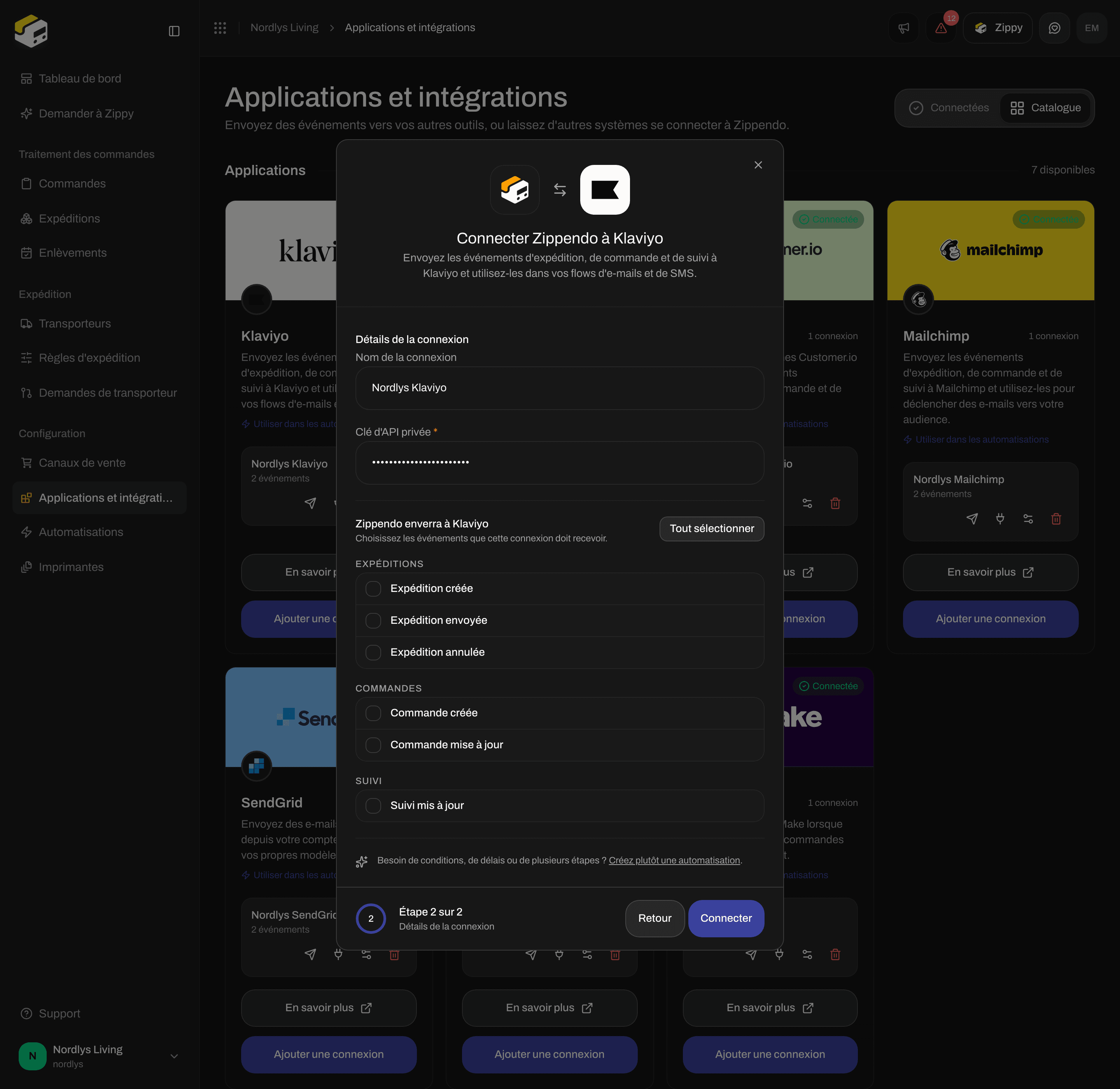 Fenêtre de connexion de Klaviyo avec un nom de connexion, le champ Clé d'API privée et des cases à cocher pour les événements