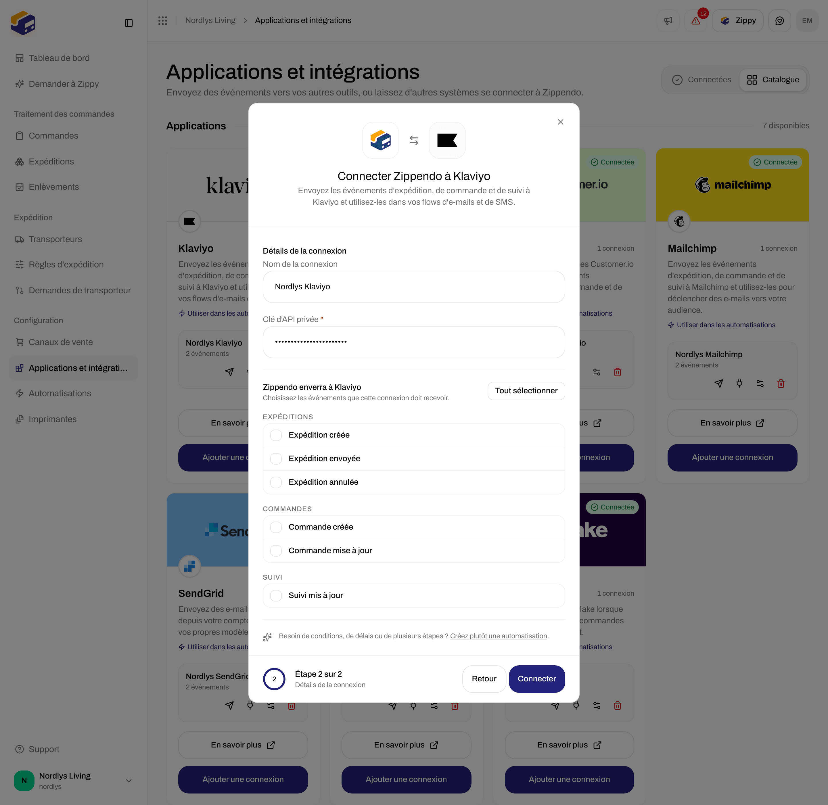 Fenêtre de connexion de Klaviyo avec un nom de connexion, le champ Clé d'API privée et des cases à cocher pour les événements