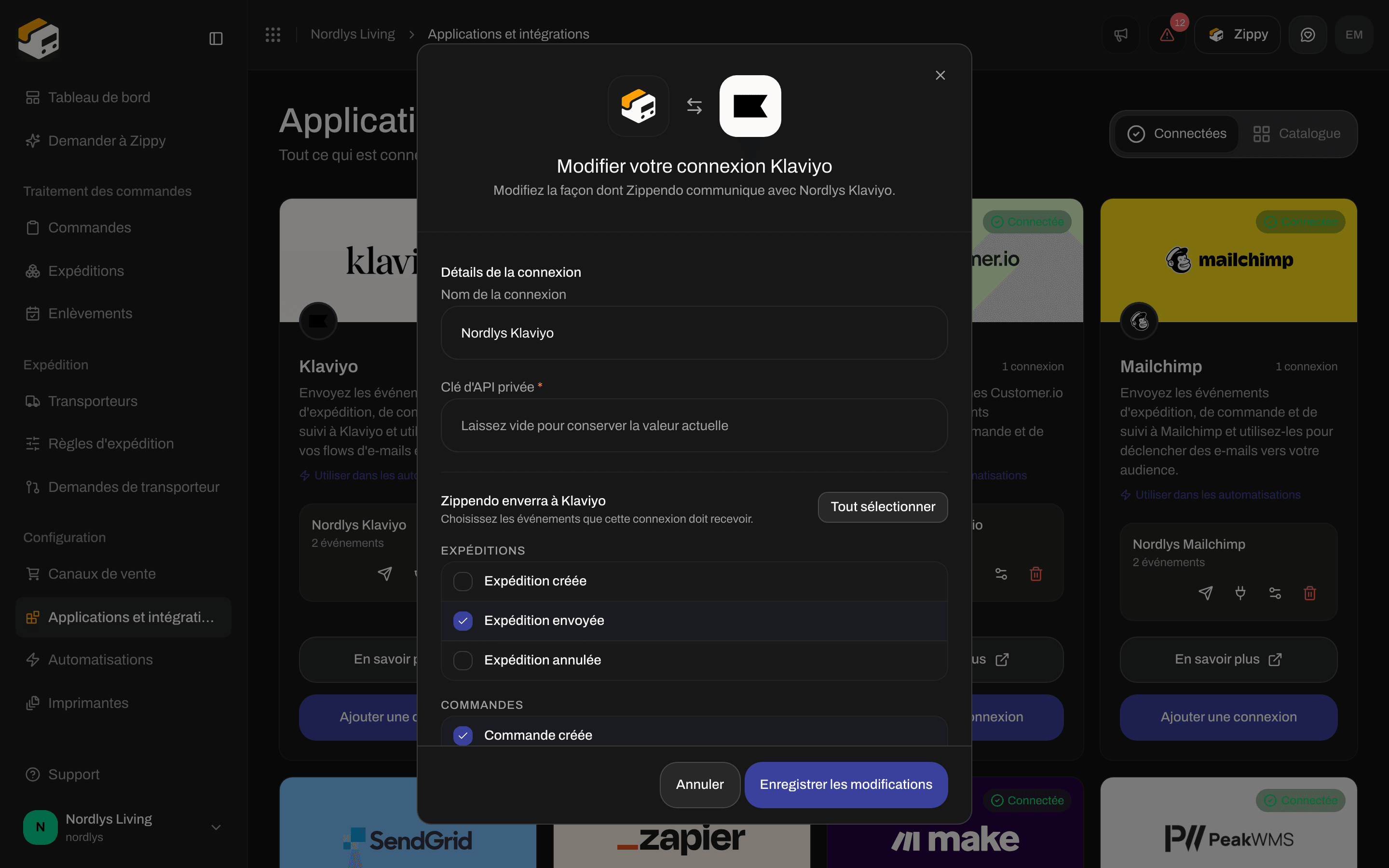 Fenêtre de modification d'une connexion Klaviyo avec le nom de la connexion, un champ de clé vide et les événements
