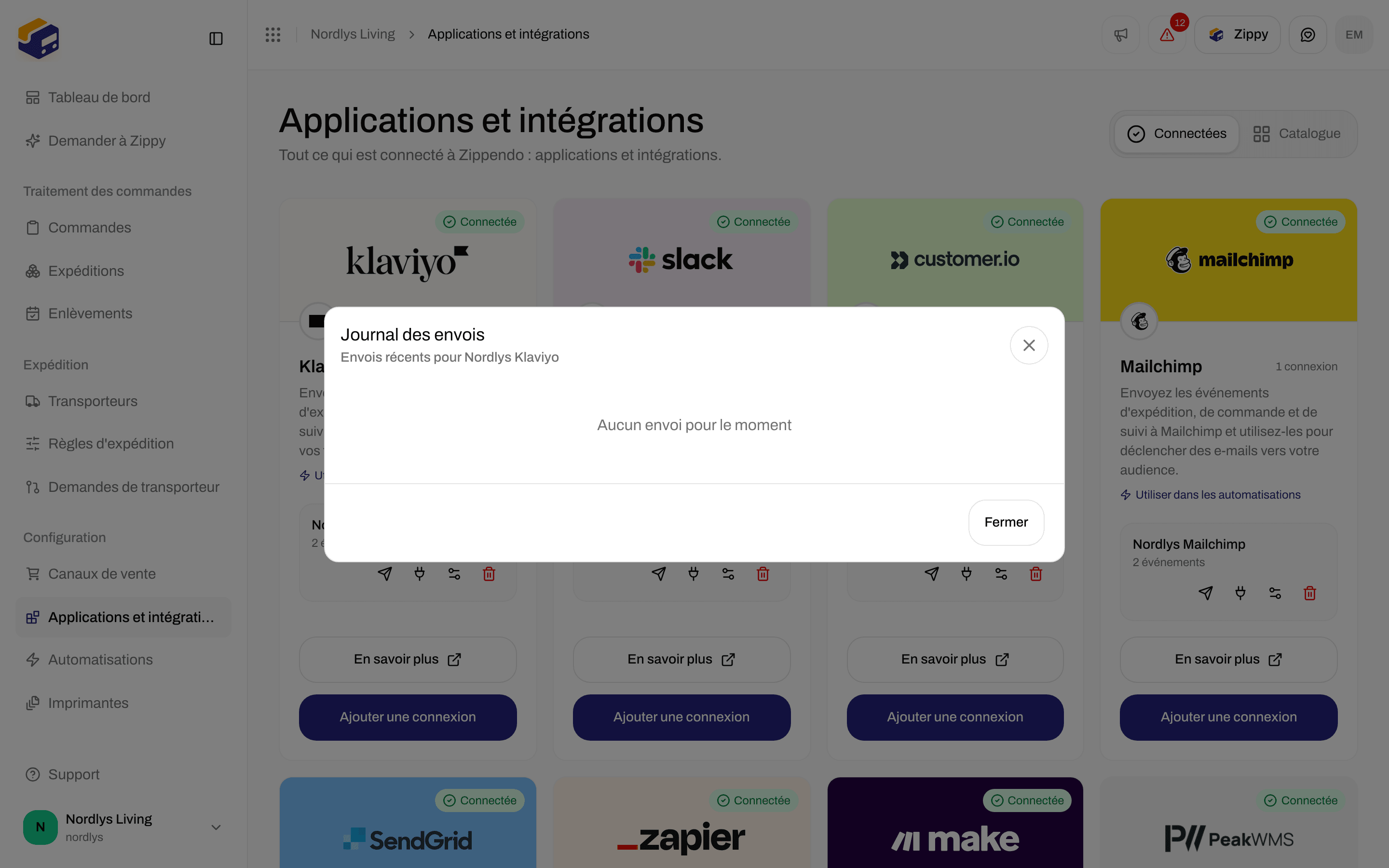 Fenêtre du journal des envois d'une connexion Klaviyo indiquant Aucun envoi pour le moment