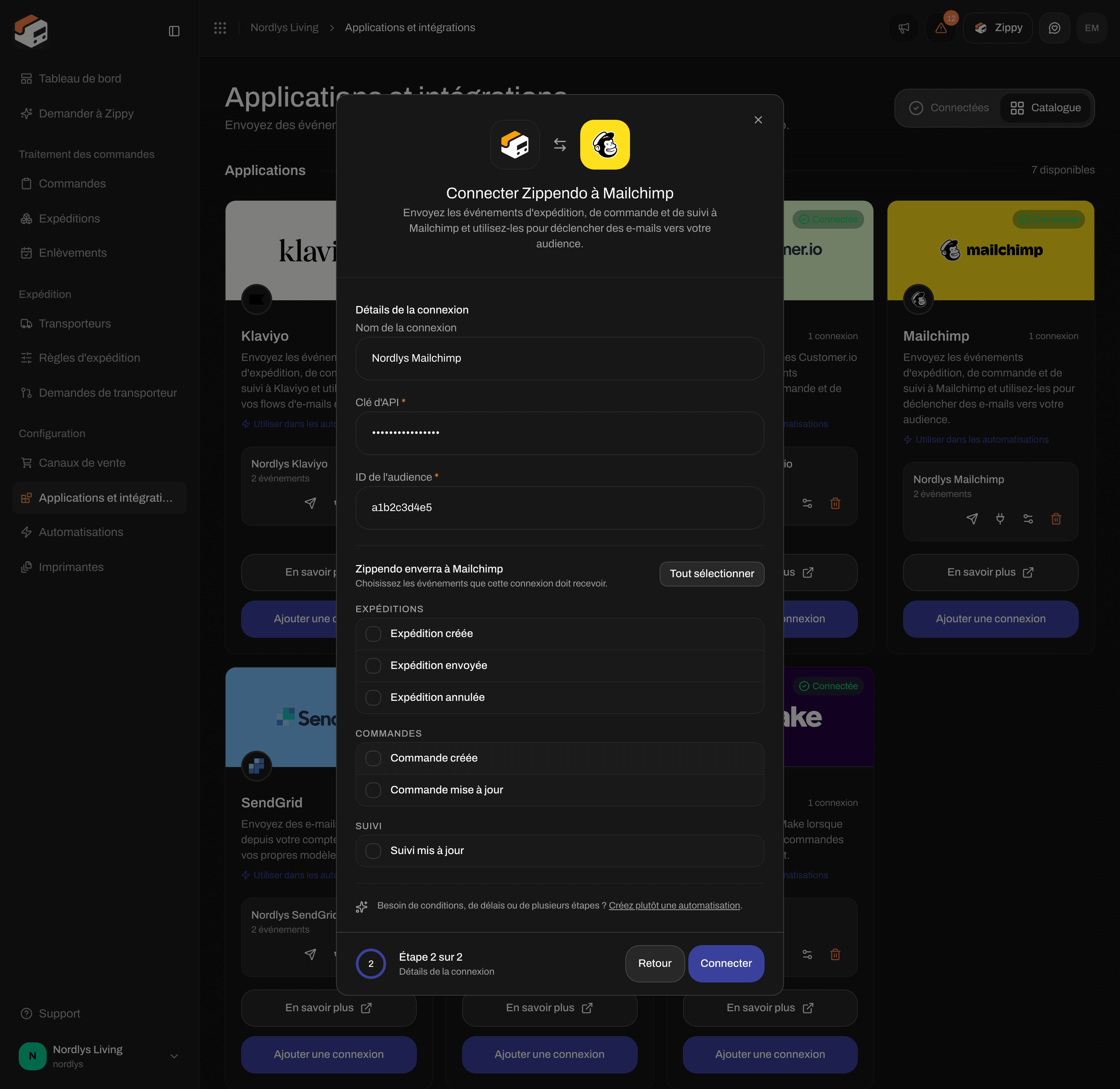 Fenêtre de connexion pour Mailchimp avec un nom de connexion, la clé d'API, l'ID de l'audience et des cases d'événements