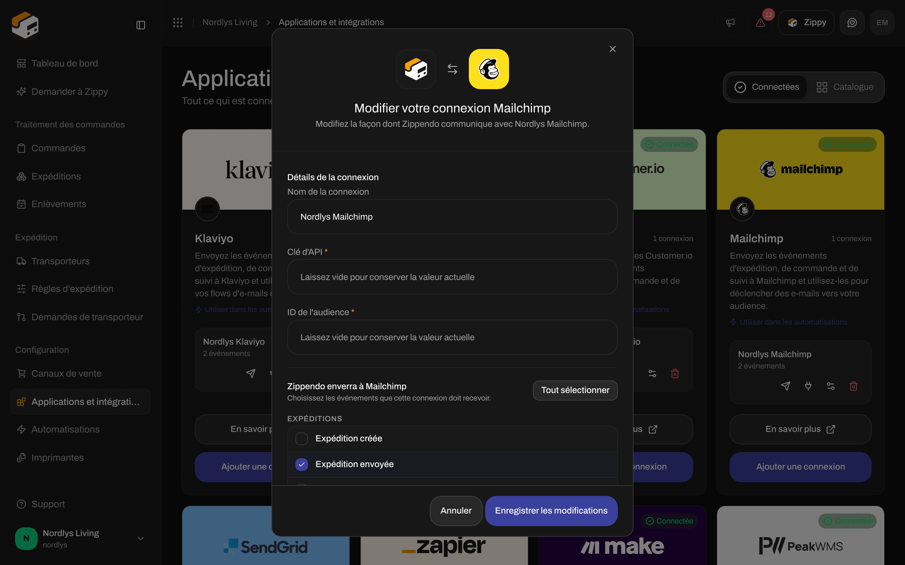 Fenêtre de modification d'une connexion Mailchimp avec le nom de la connexion, les champs Clé d'API et ID de l'audience vides et les événements
