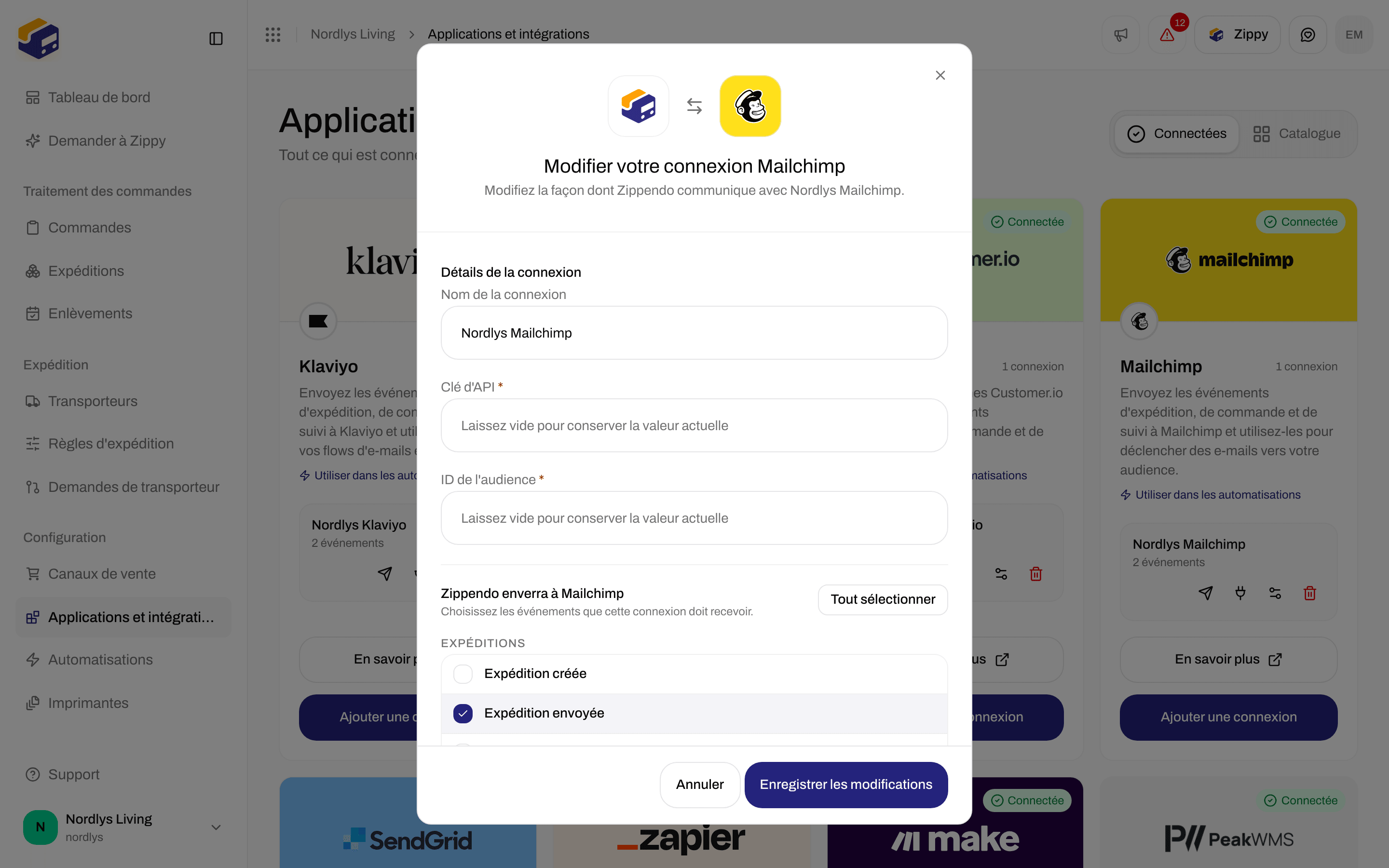 Fenêtre de modification d'une connexion Mailchimp avec le nom de la connexion, les champs Clé d'API et ID de l'audience vides et les événements