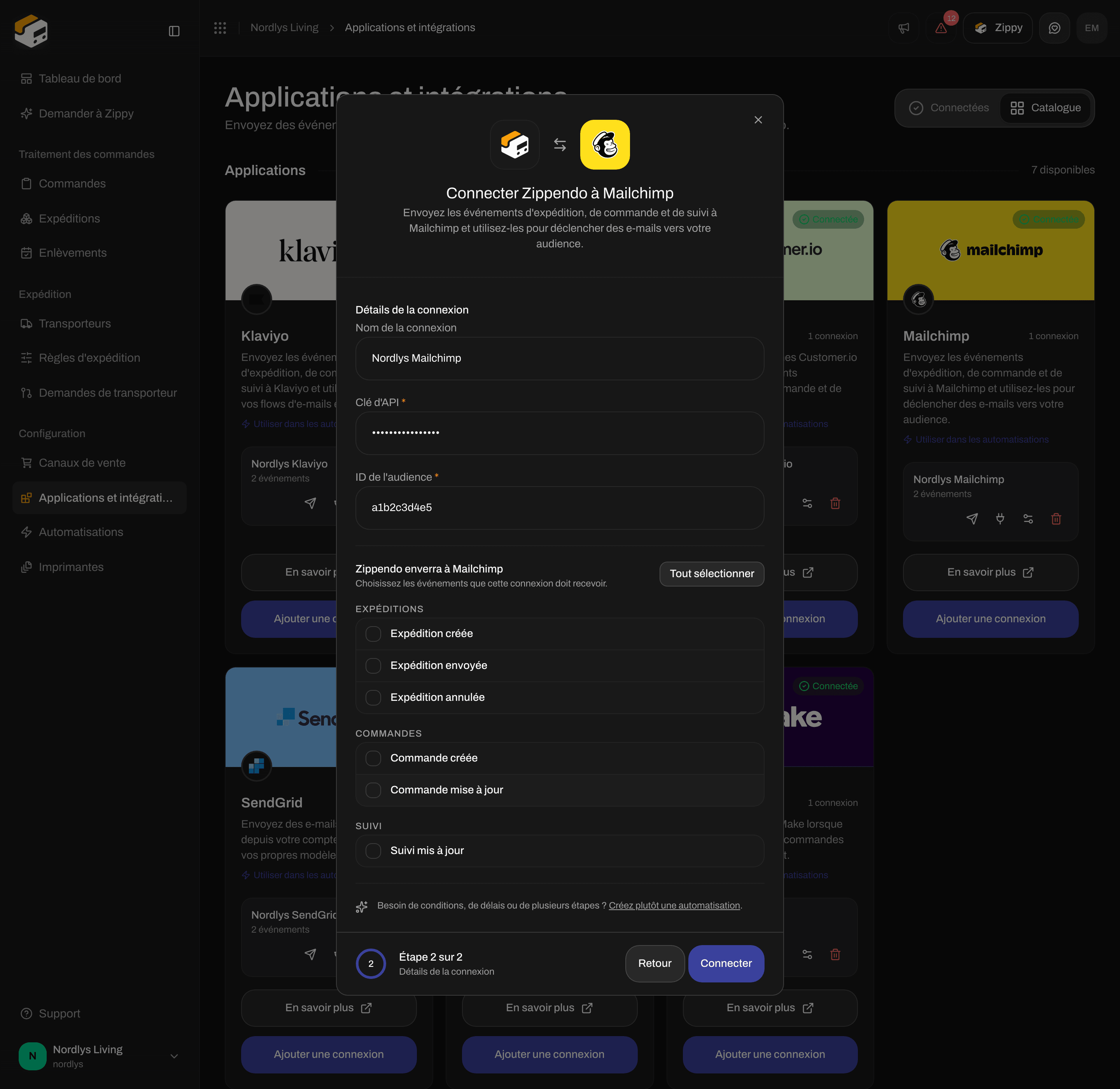 Fenêtre de connexion Mailchimp défilée jusqu'aux cases d'événements de commande et de suivi