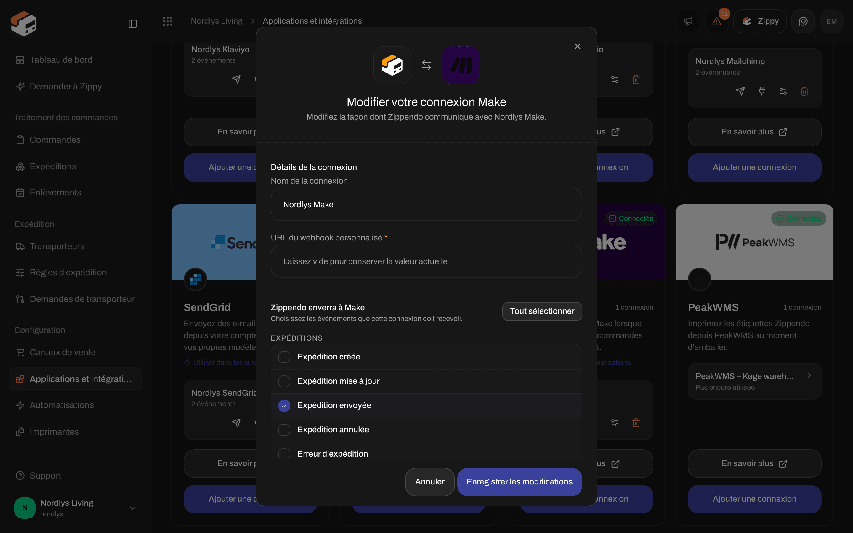 Fenêtre de modification d'une connexion Make avec le nom de la connexion, un champ de webhook vide et les événements