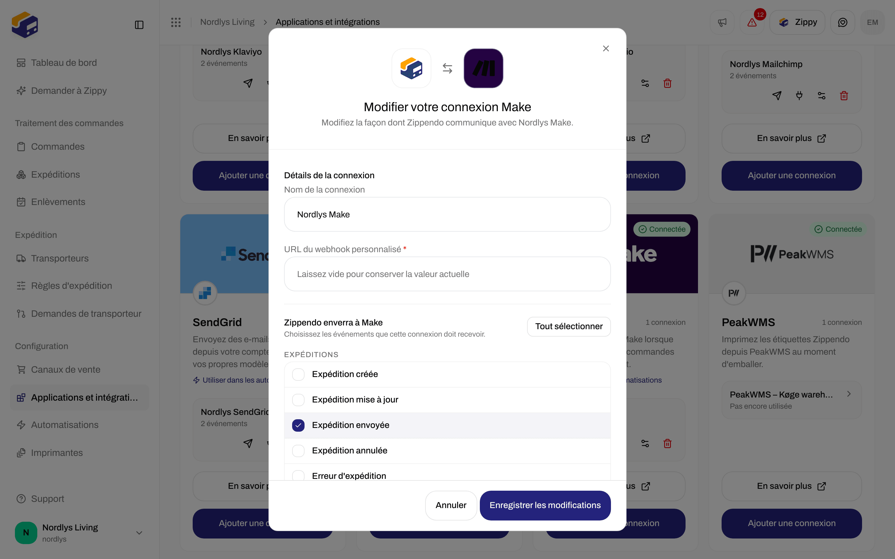 Fenêtre de modification d'une connexion Make avec le nom de la connexion, un champ de webhook vide et les événements
