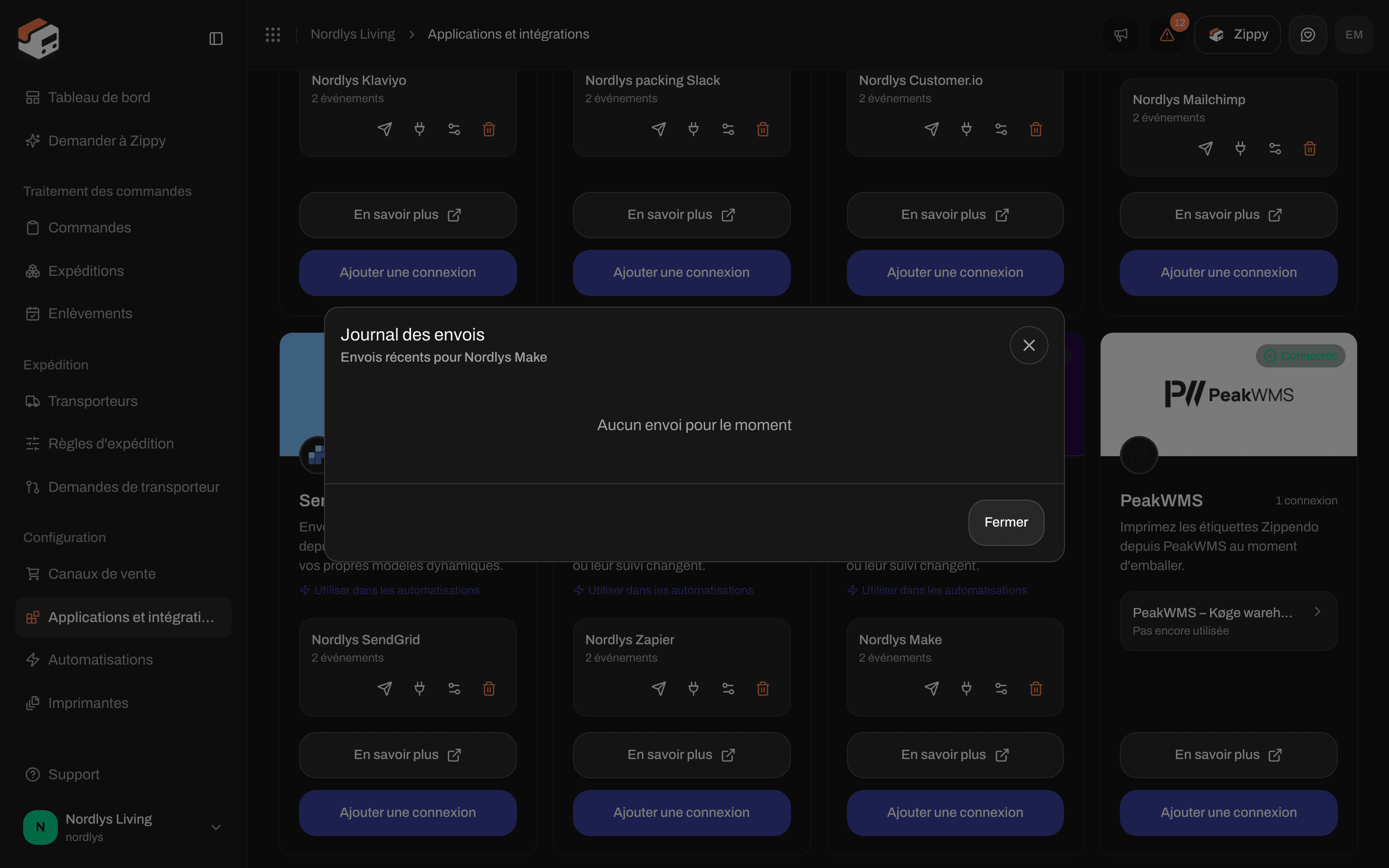 Fenêtre Journal des envois d'une connexion Make indiquant Aucun envoi pour le moment