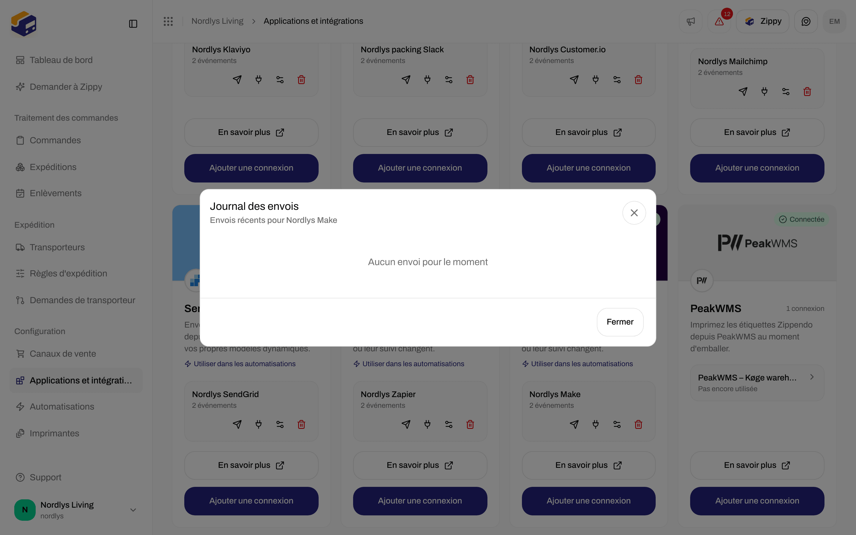 Fenêtre Journal des envois d'une connexion Make indiquant Aucun envoi pour le moment