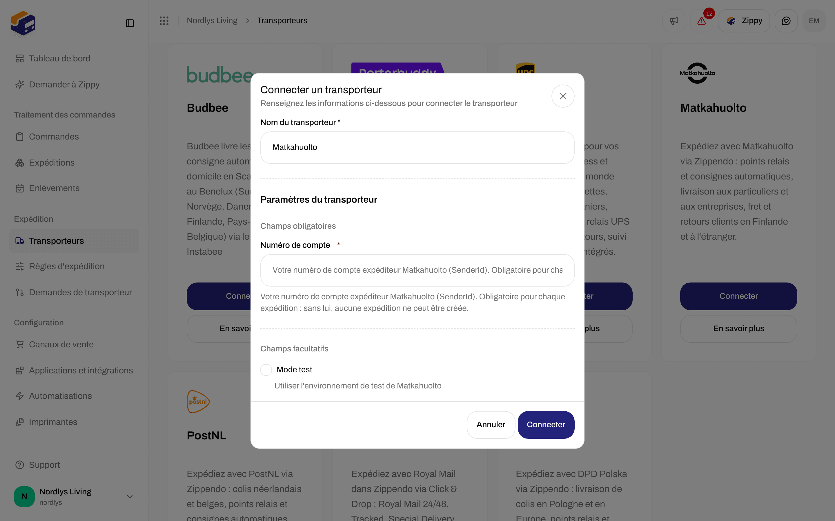 Fenêtre Connecter un transporteur pour Matkahuolto avec le champ Numéro de compte et la case Mode test
