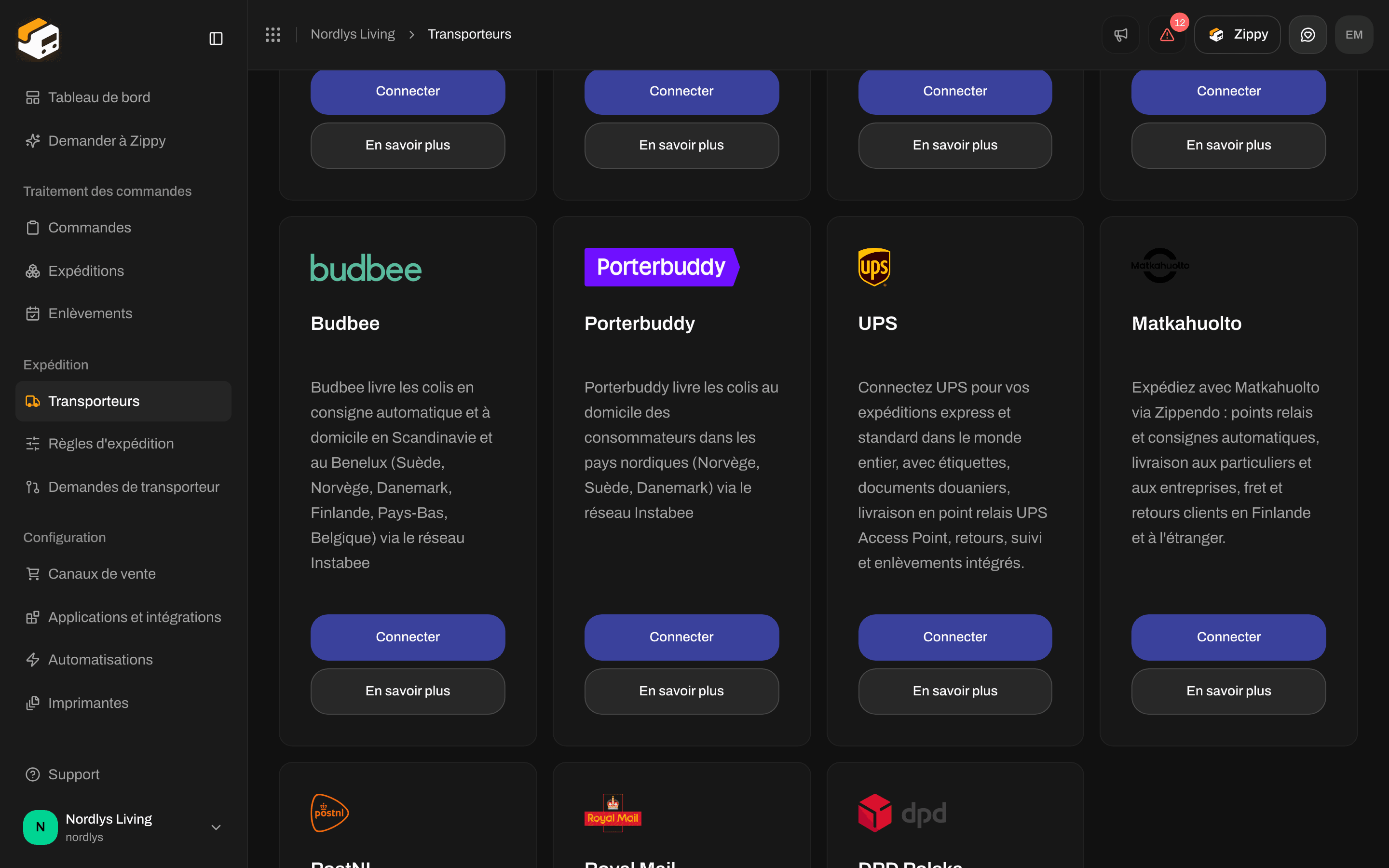Onglet Tous les transporteurs avec la carte Porterbuddy et ses boutons Connecter et En savoir plus