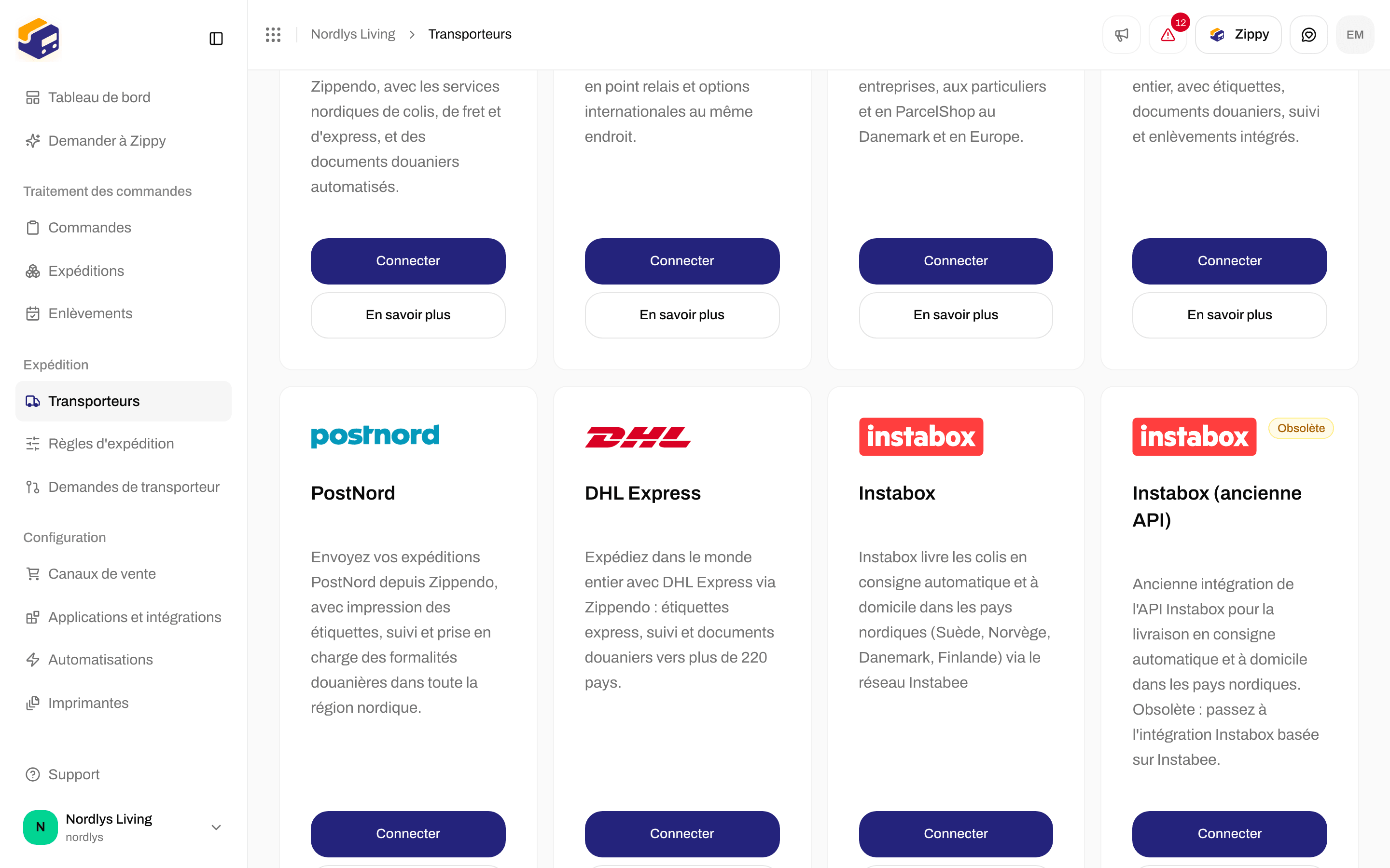 Onglet Tous les transporteurs avec la carte PostNord et ses boutons Connecter et En savoir plus
