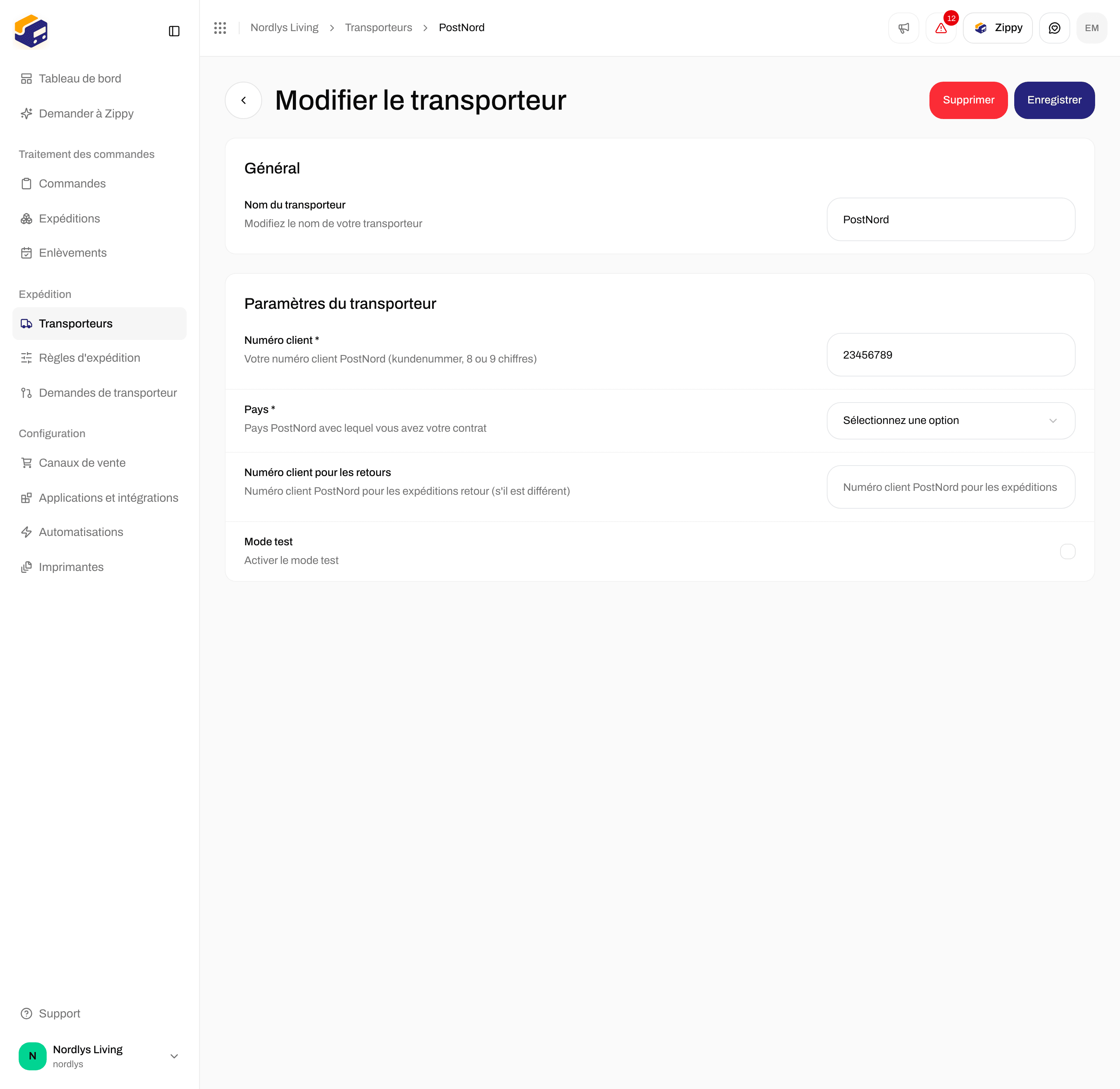 Page Modifier le transporteur pour PostNord avec Numéro client, Pays, Numéro client pour les retours et Mode test