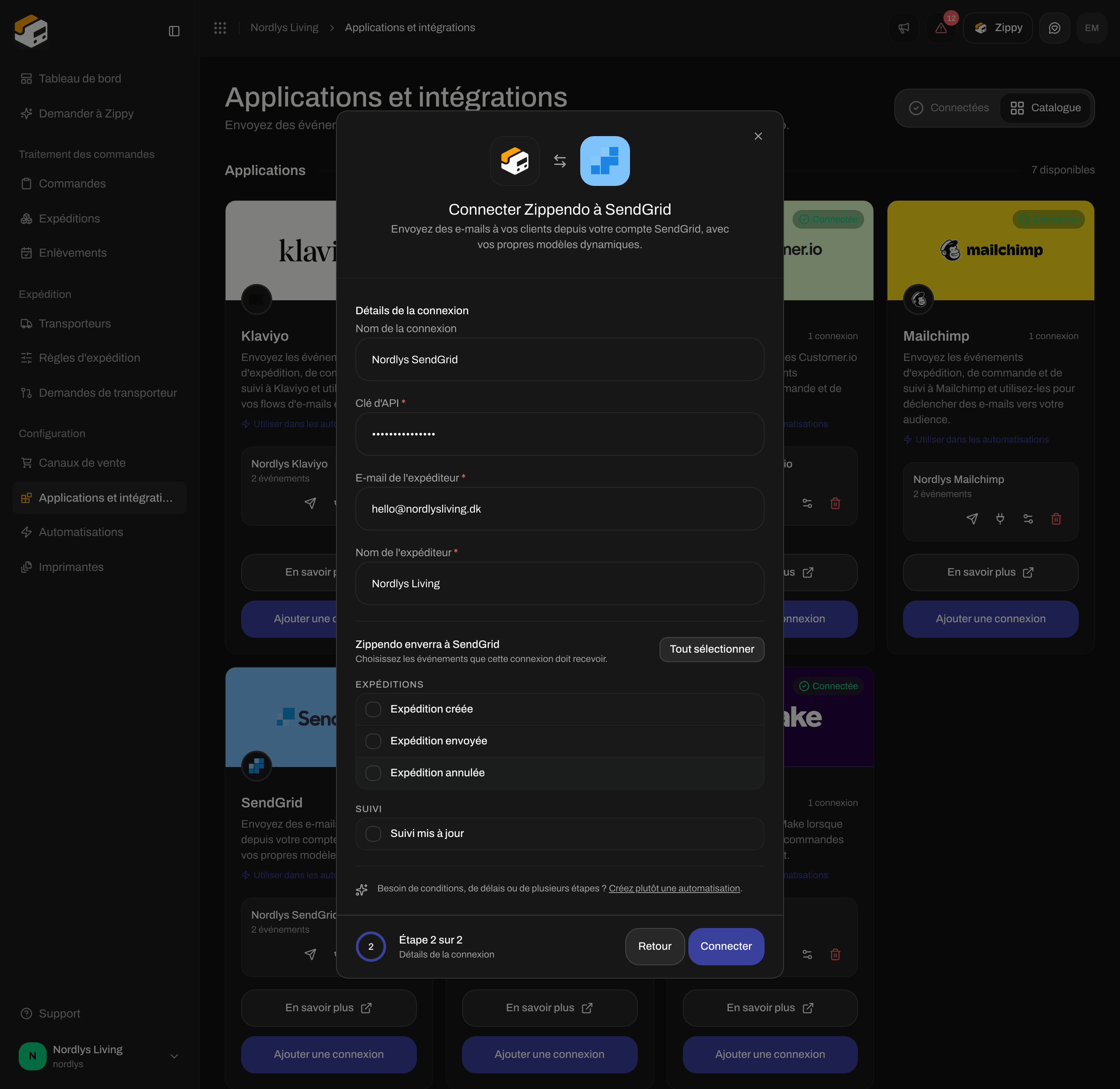 Fenêtre de connexion de SendGrid avec un nom de connexion, Clé d'API, E-mail de l'expéditeur, Nom de l'expéditeur et des cases à cocher pour les événements