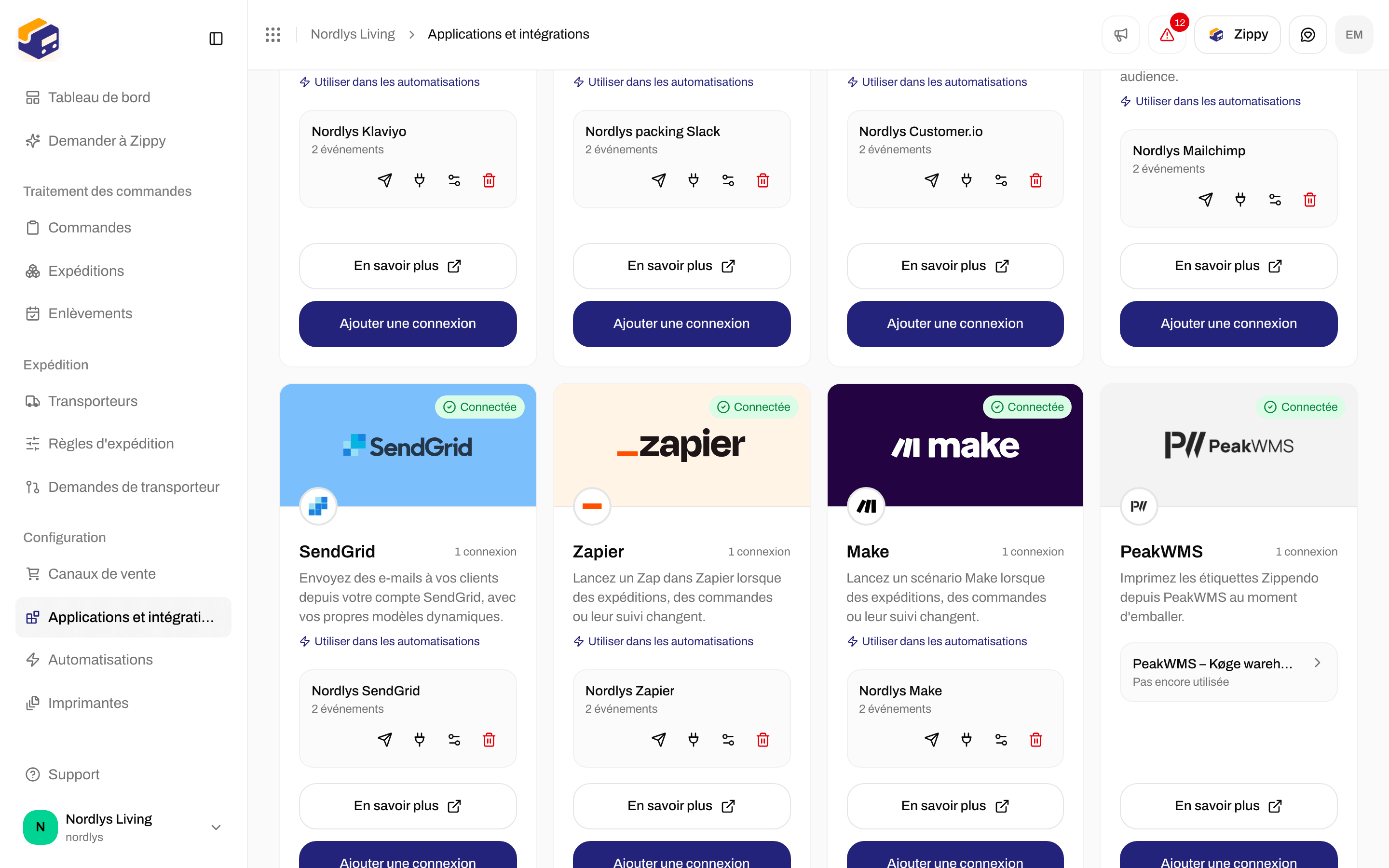 Onglet Connecté avec une connexion SendGrid et les icônes de test, de journal des envois, de modification et de suppression